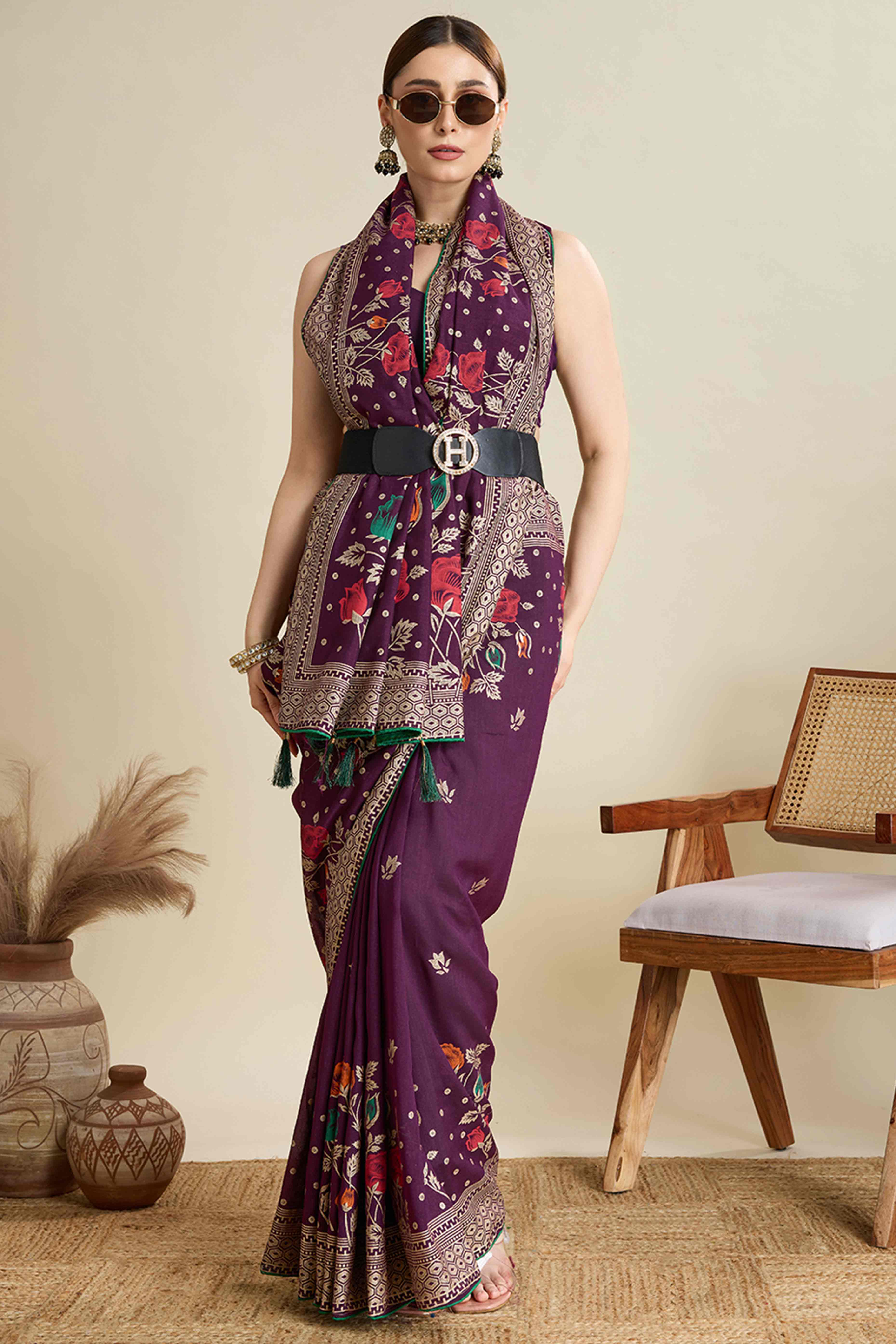 Purple Lightweight Cotton Silk Saree with Delicate Paisley Prints