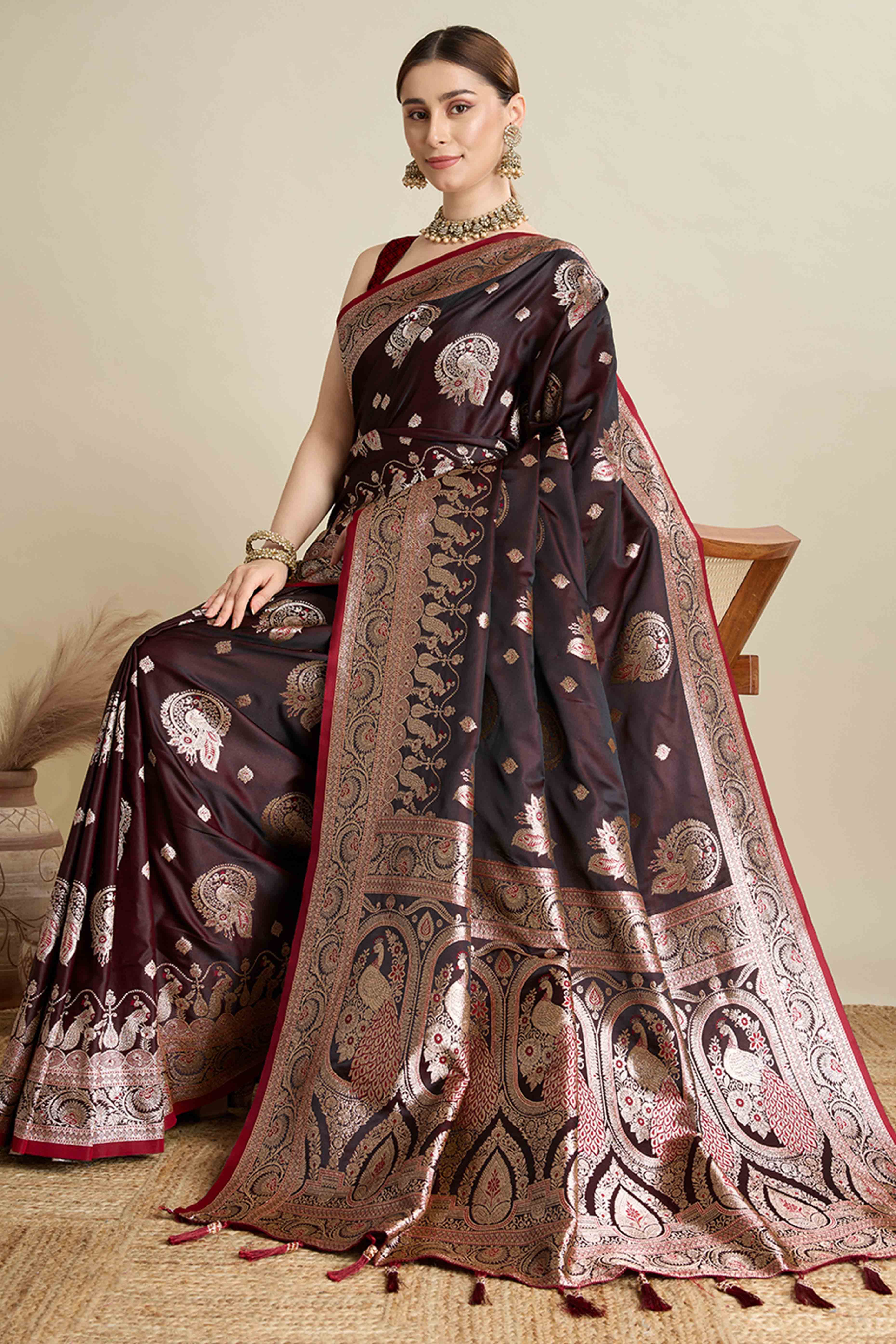 Wine Pure Silk Saree Featuring Traditional Banarasi Zari Weaving Patterns