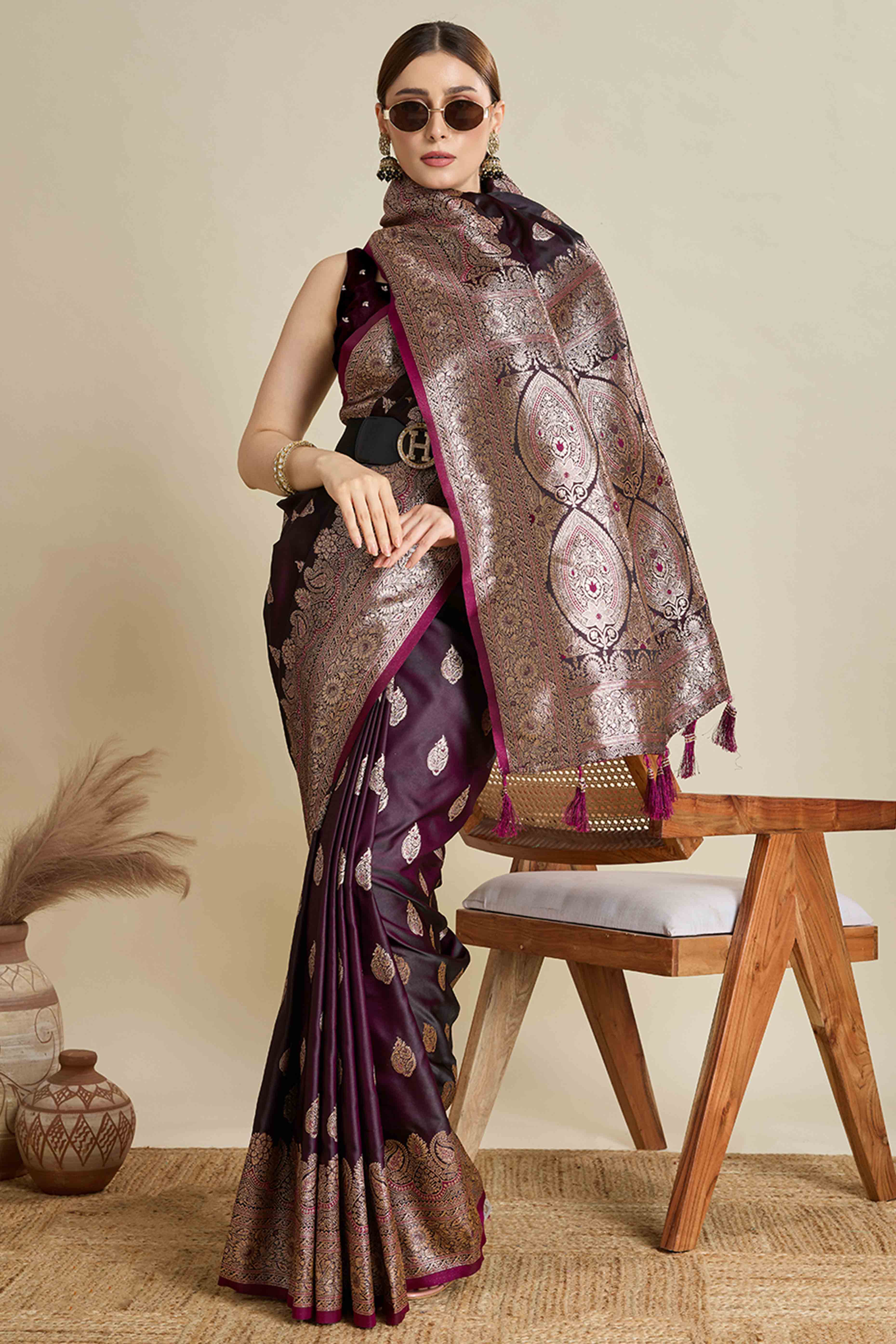 Wine Pure Silk Saree Featuring Traditional Banarasi Zari Weaving Patterns