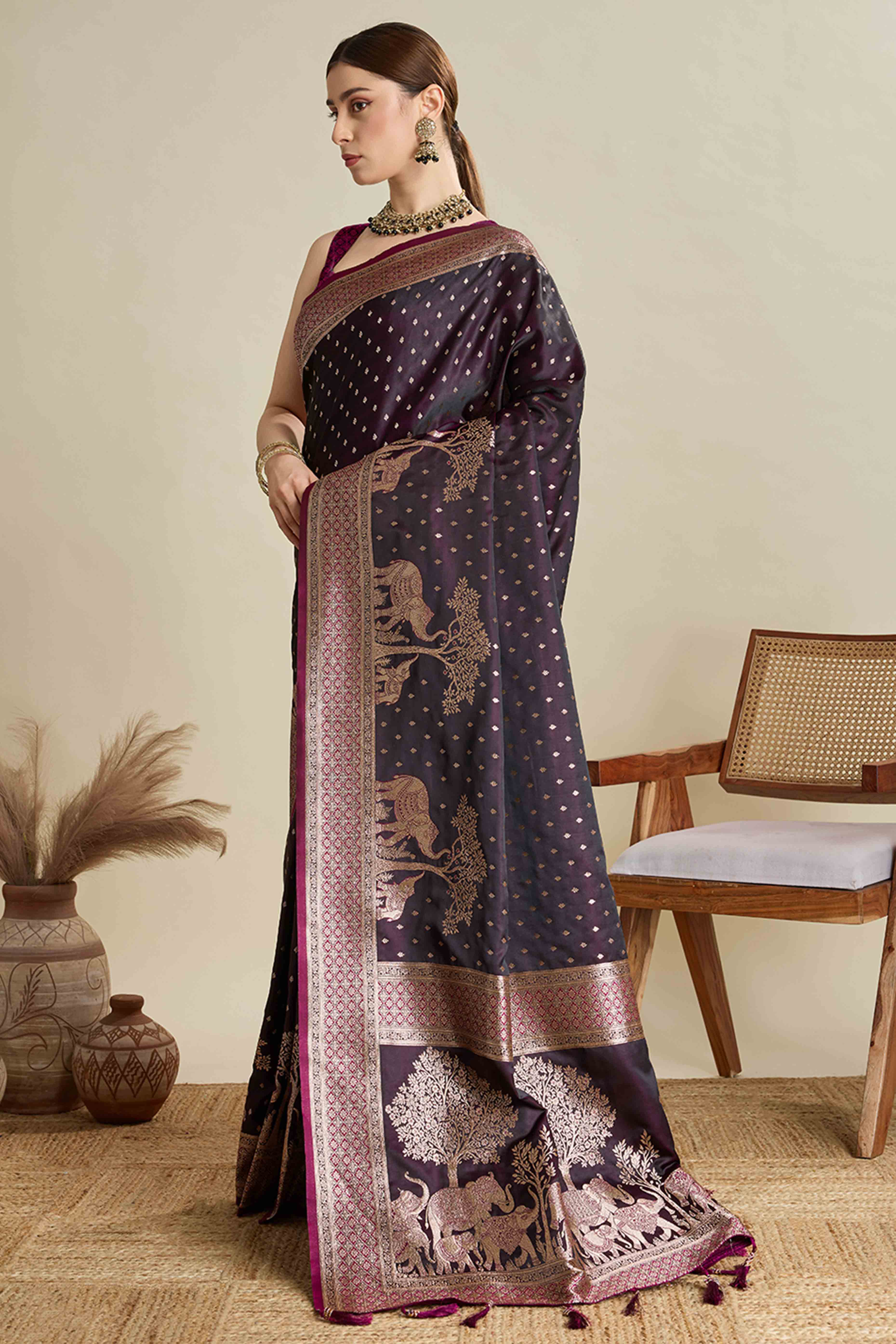 Wine Pure Silk Saree Featuring Traditional Banarasi Zari Weaving Patterns