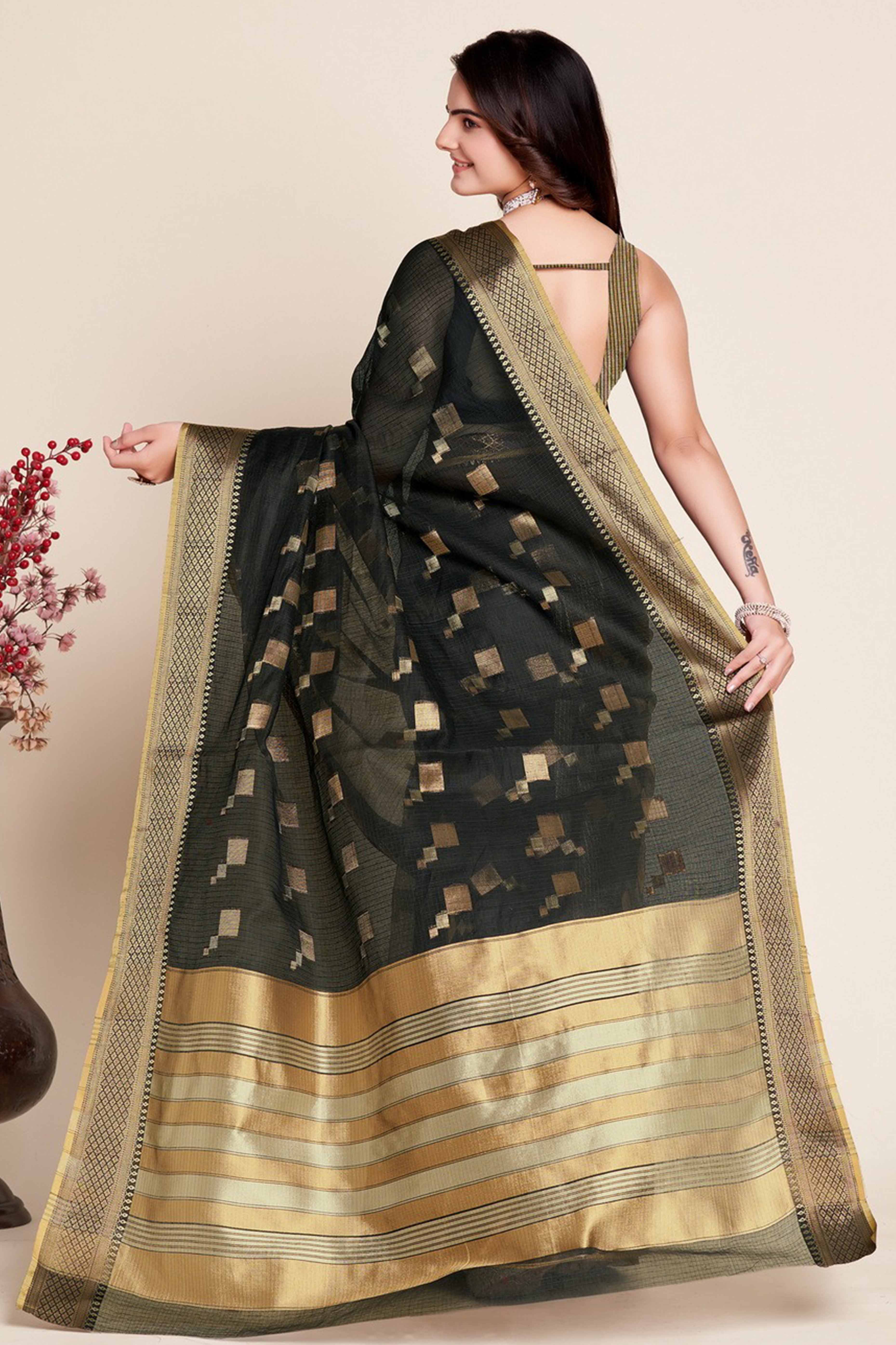 Black Zari Weaving Kota Doria Saree