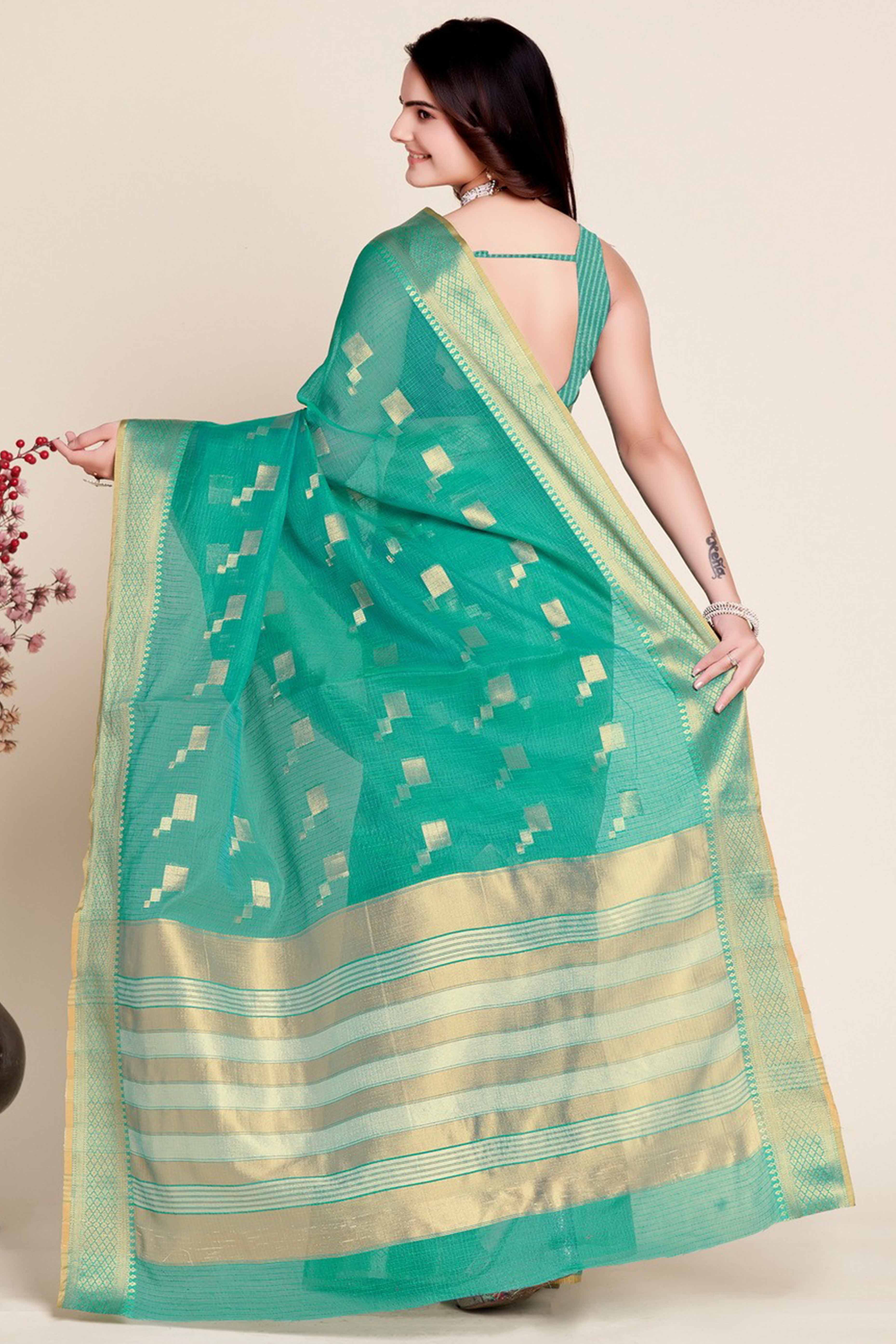 Green Zari Weaving Kota Doria Saree