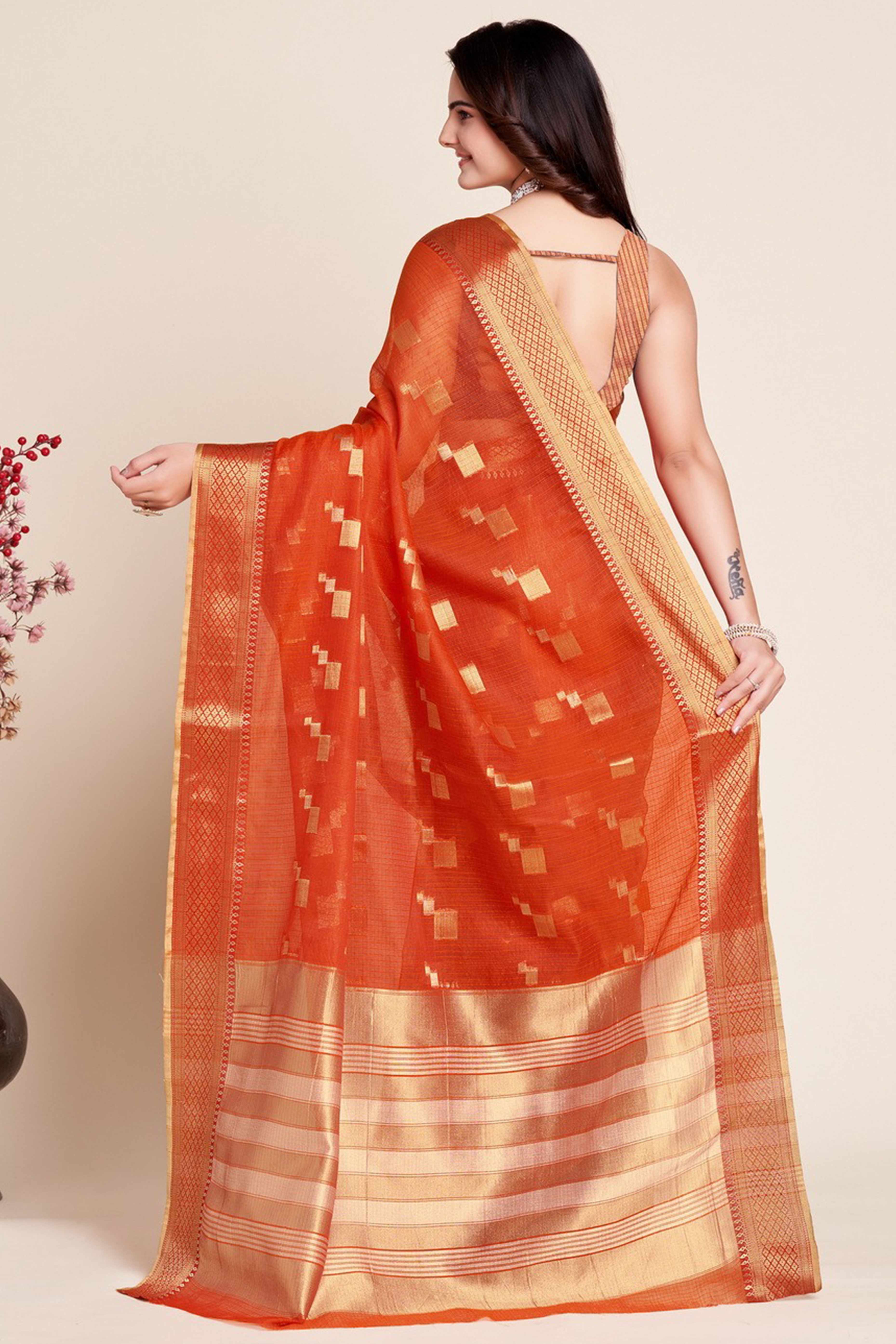 Rust Zari Weaving Kota Doria Saree