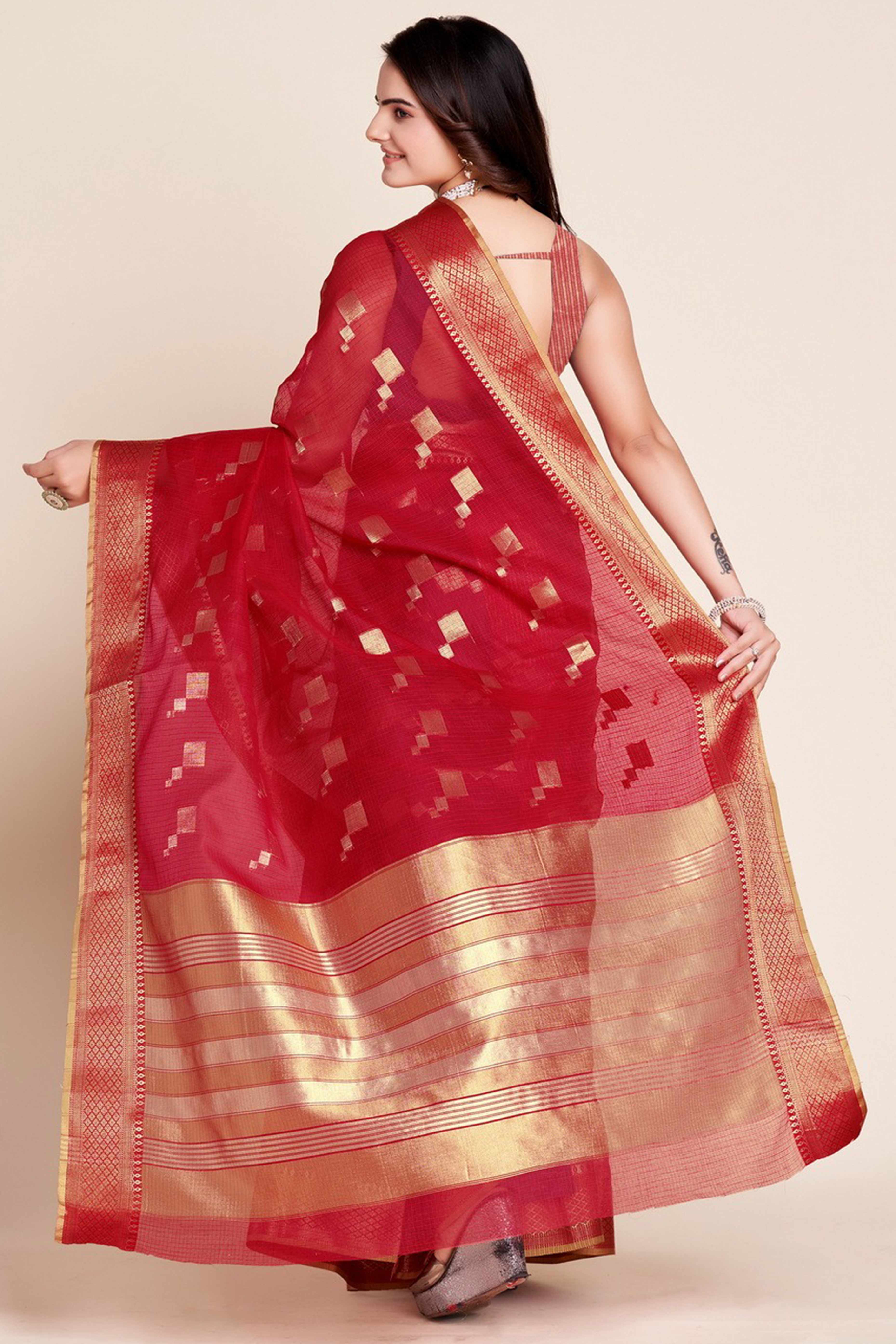 Red Zari Weaving Kota Doria Saree