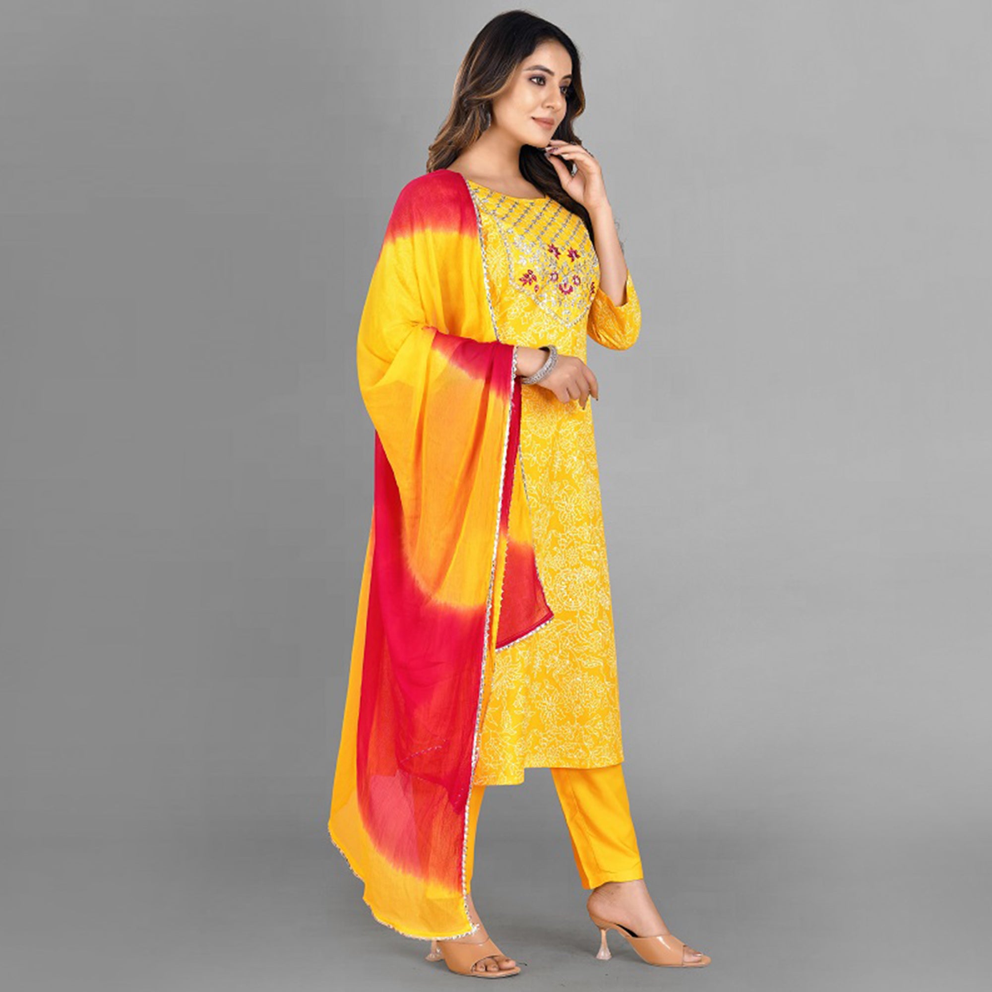 Yellow Embroidered Rayon Silk Kurti Set