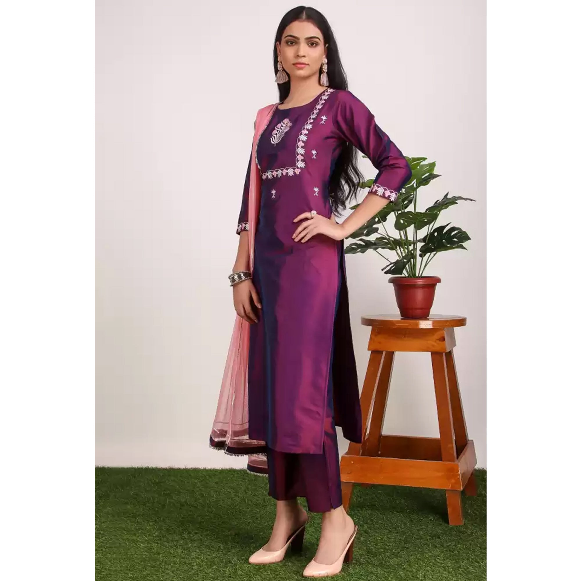 Purple Floral Embroidered Cotton Silk Suit