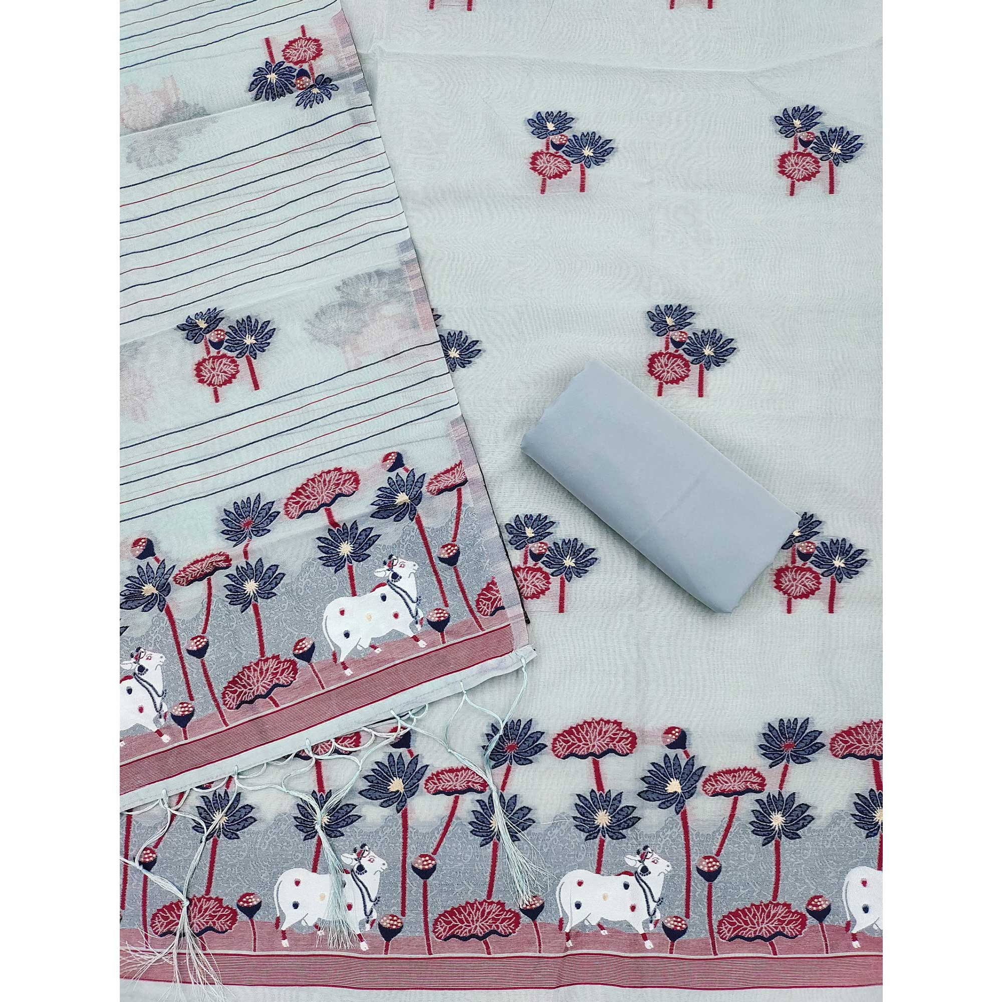 Grey Cotton Blend Dress Material With Intricate Floral Zari Weaving Detail