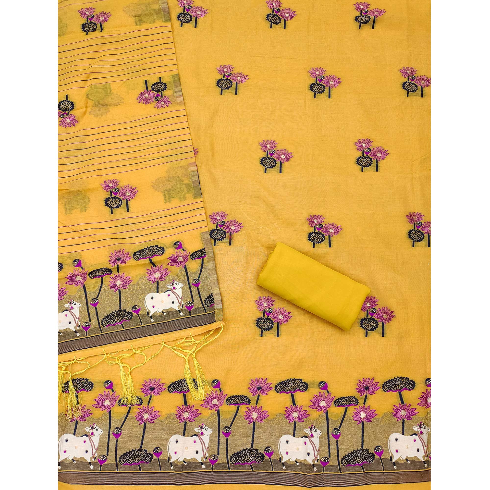 Yellow Cotton Blend Dress Material With Intricate Floral Zari Weaving Detail