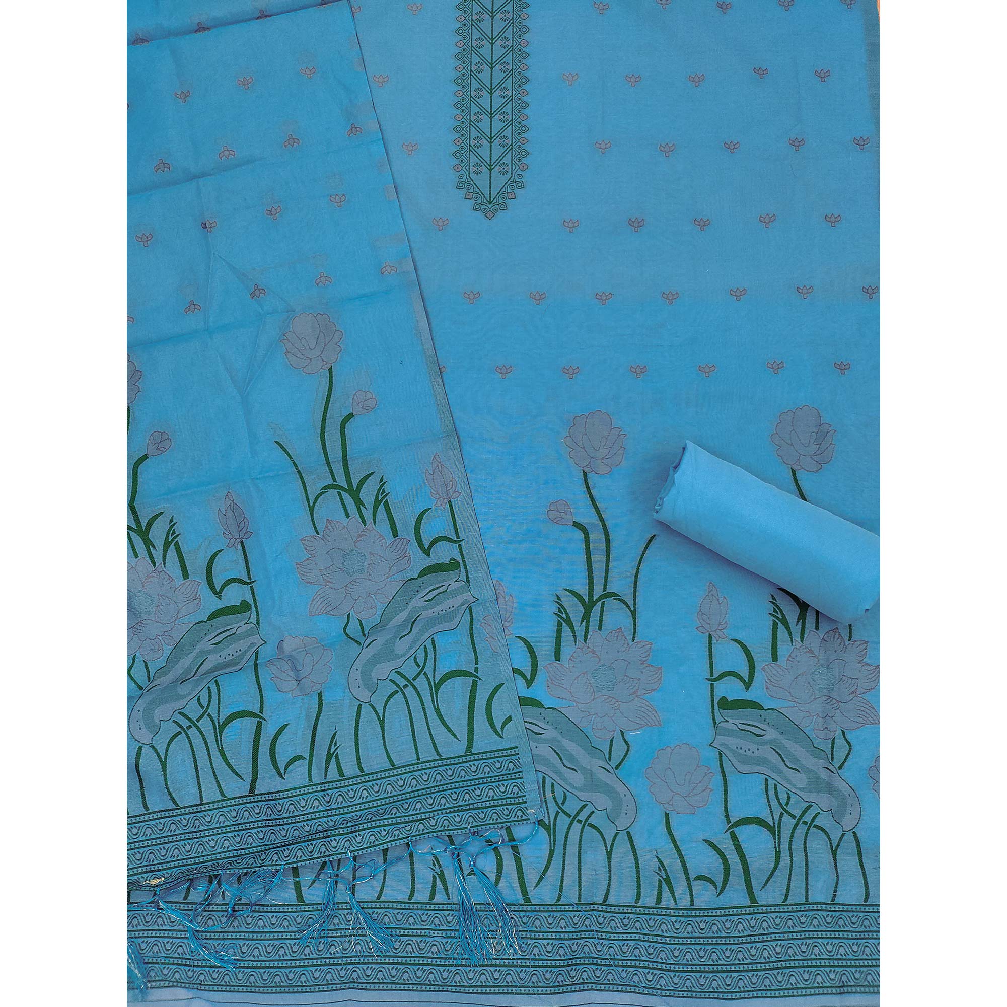 Blue Ethnic Dress Material Showcasing Handloom Style Floral Zari Weaving