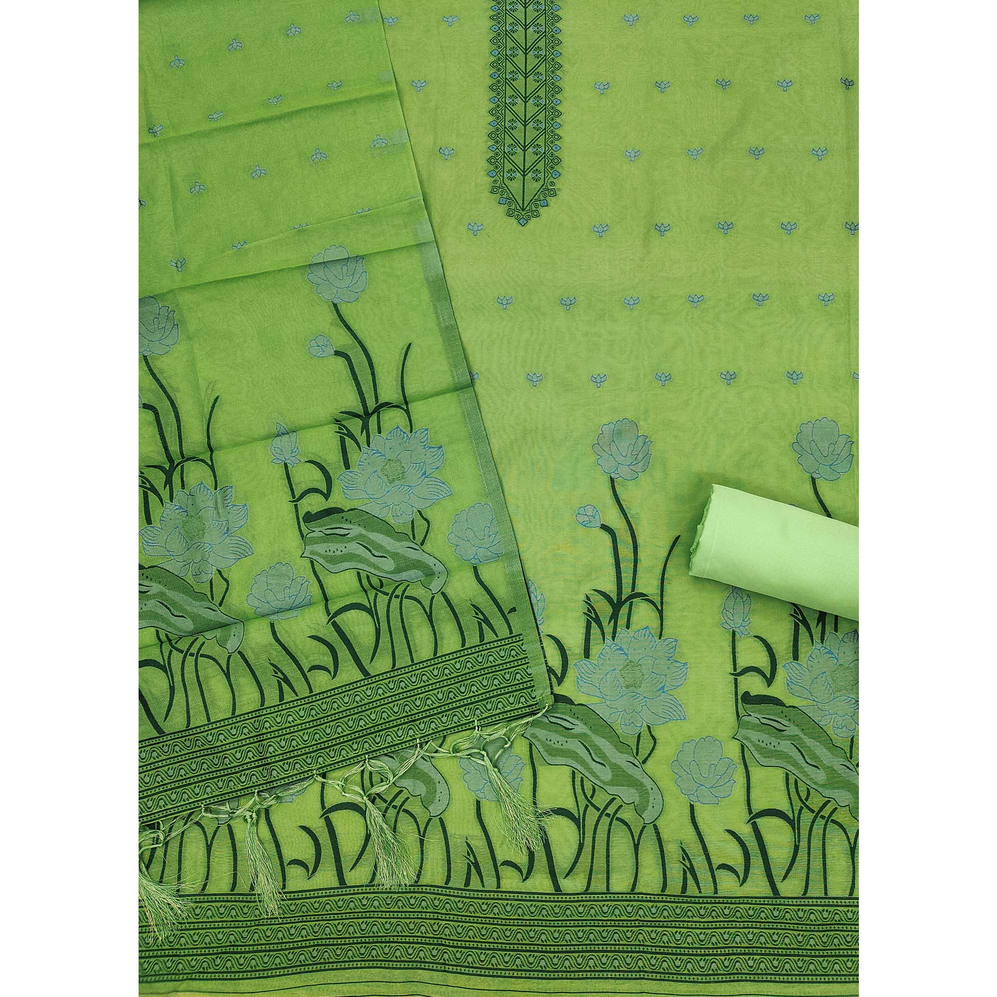 Green Ethnic Dress Material Showcasing Handloom Style Floral Zari Weaving