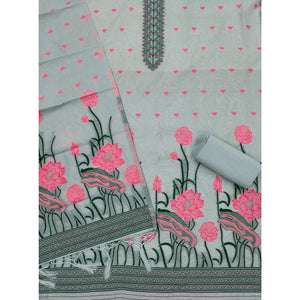 Grey Ethnic Dress Material Showcasing Handloom Style Floral Zari Weaving