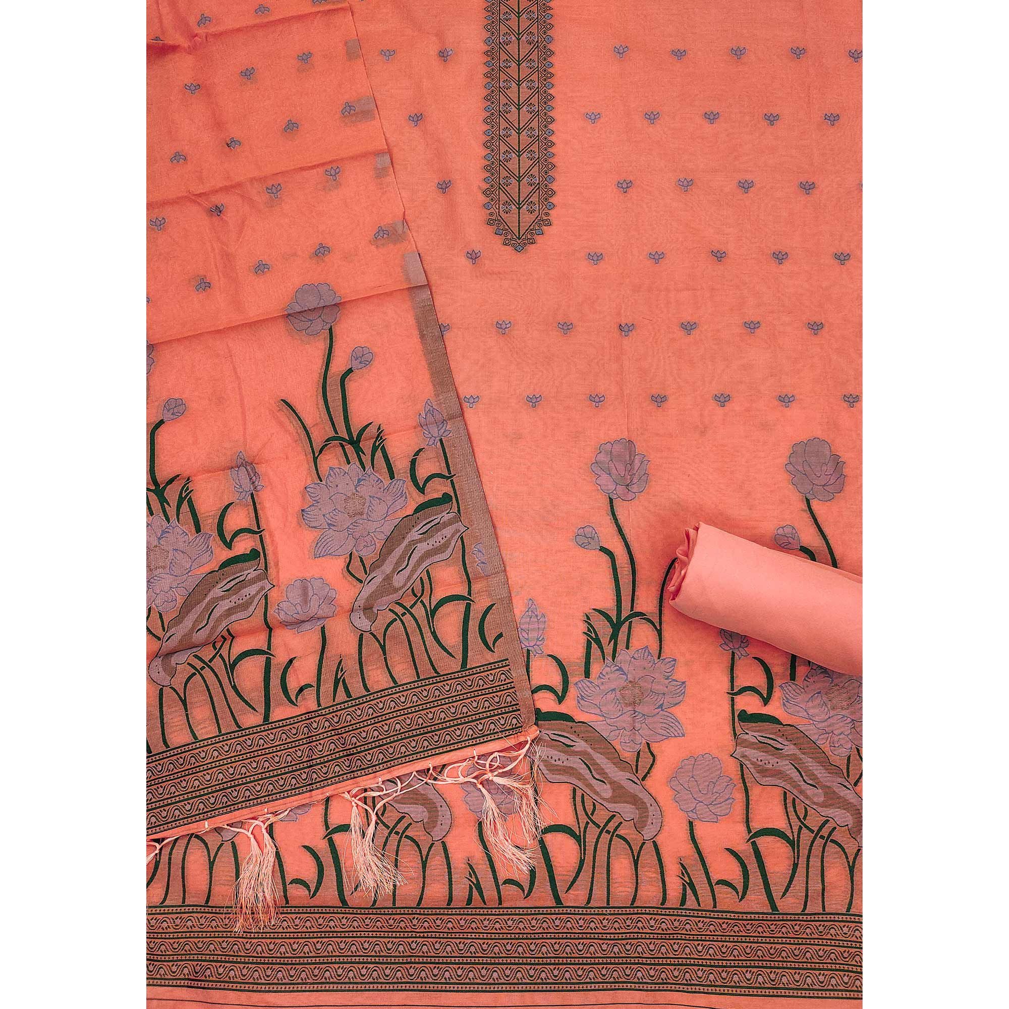 Peach Ethnic Dress Material Showcasing Handloom Style Floral Zari Weaving