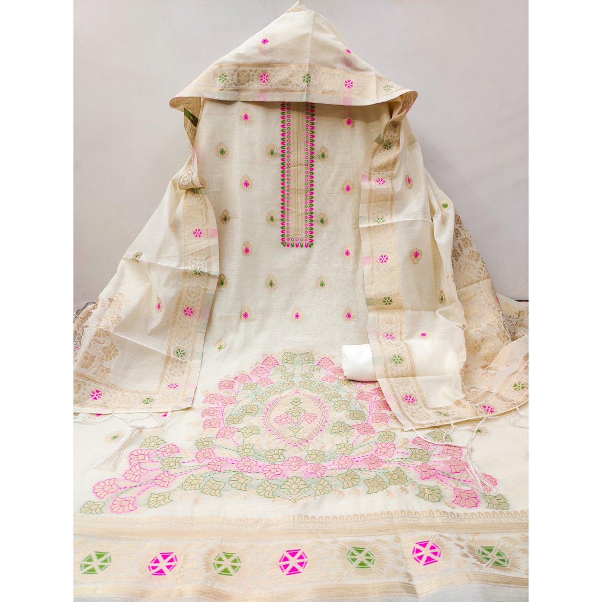 Off White Floral Woven Chanderi Dress Material