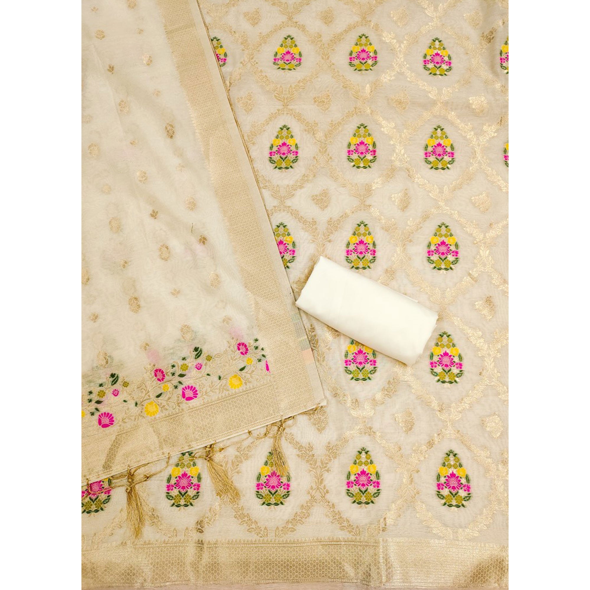 Off White Floral Woven Chanderi Dress Material