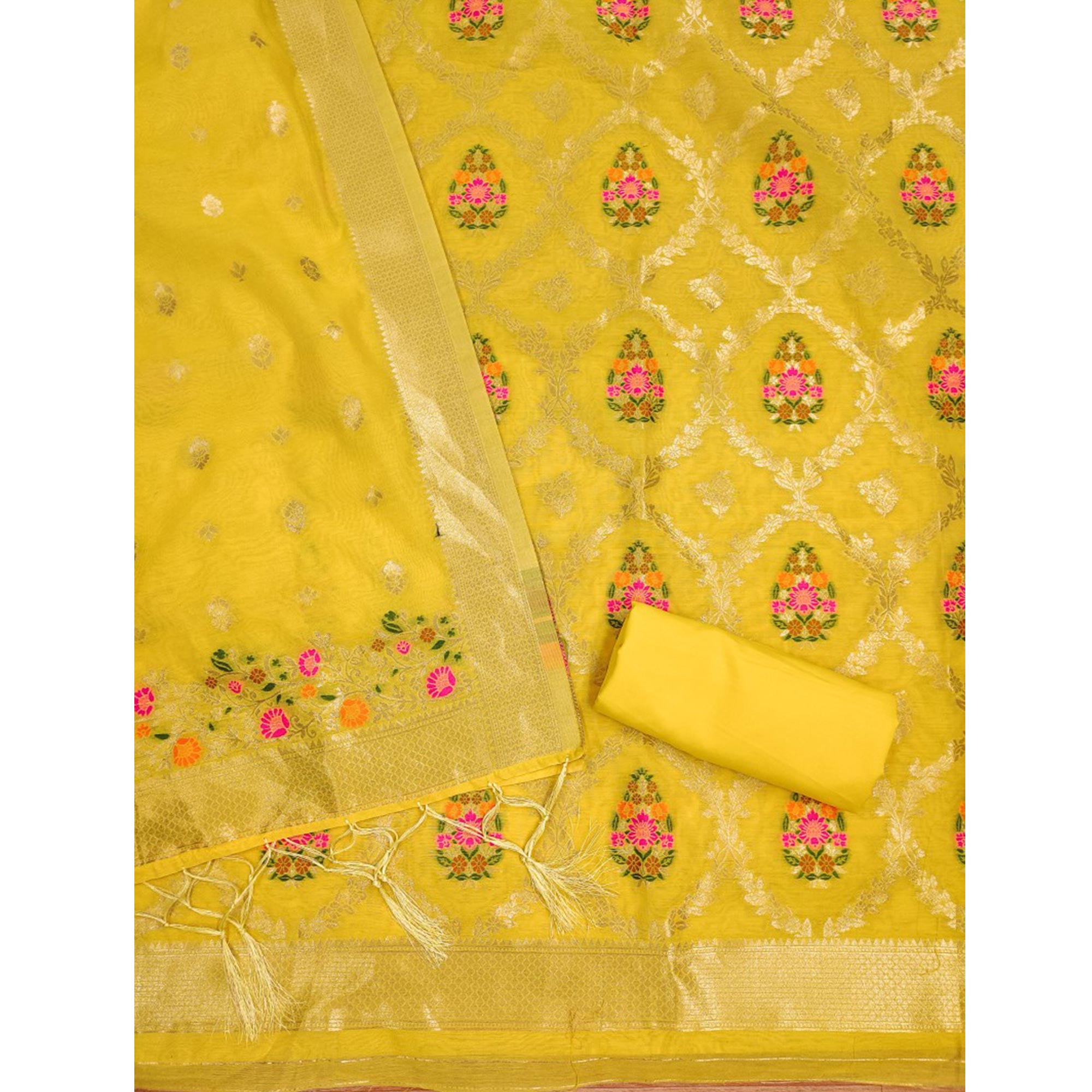 Yellow Floral Woven Chanderi Dress Material