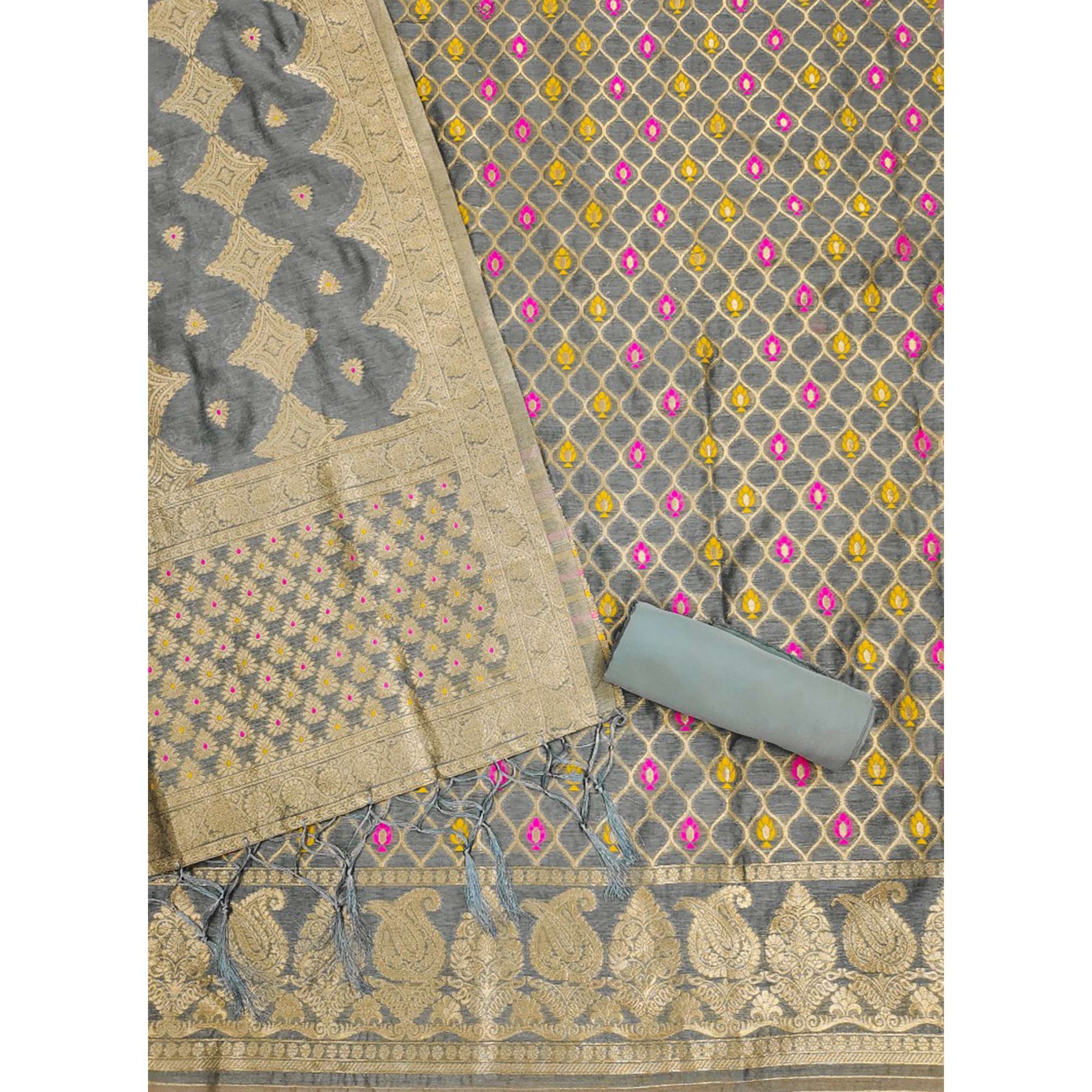 Grey Woven Chanderi Dress Material