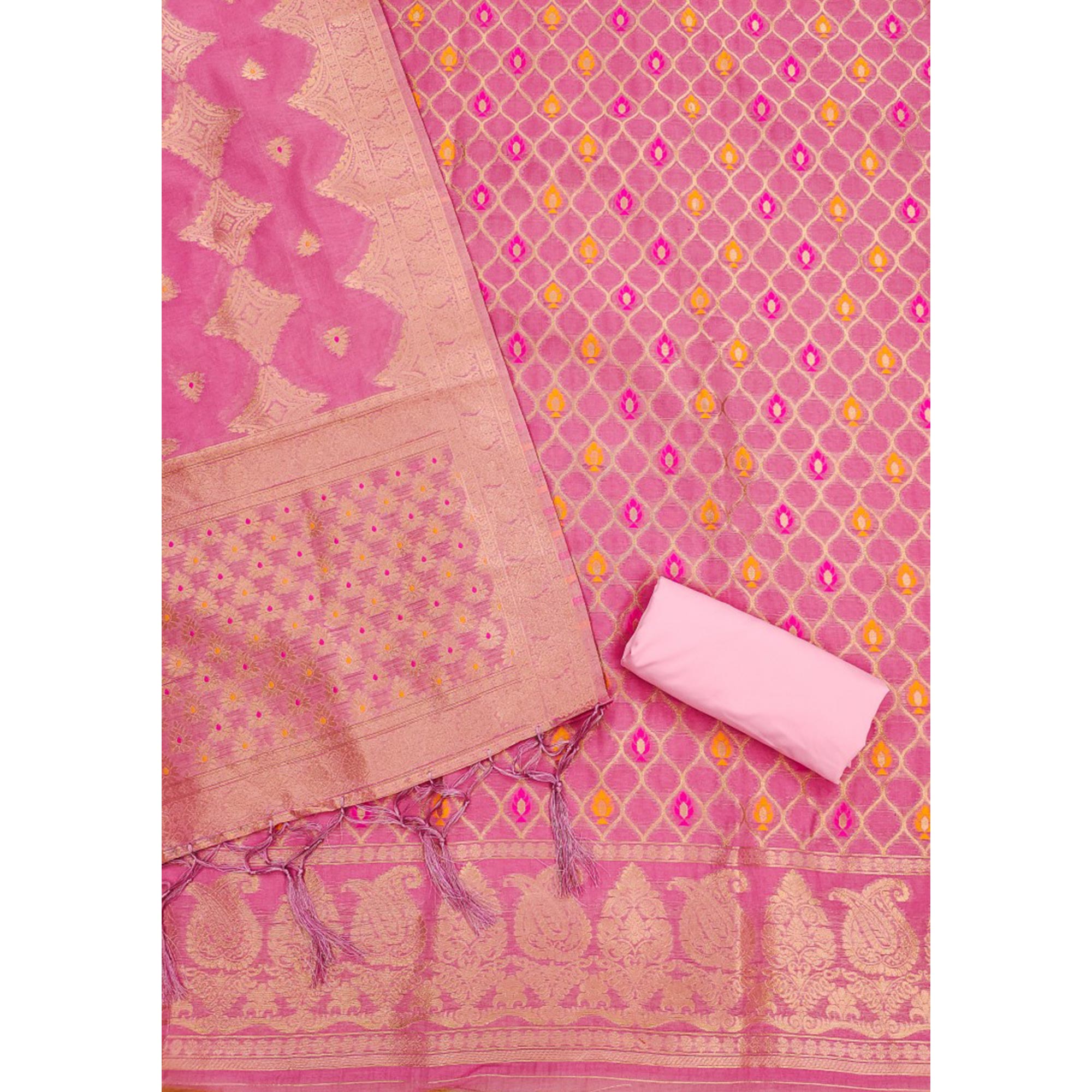 Pink Woven Chanderi Dress Material