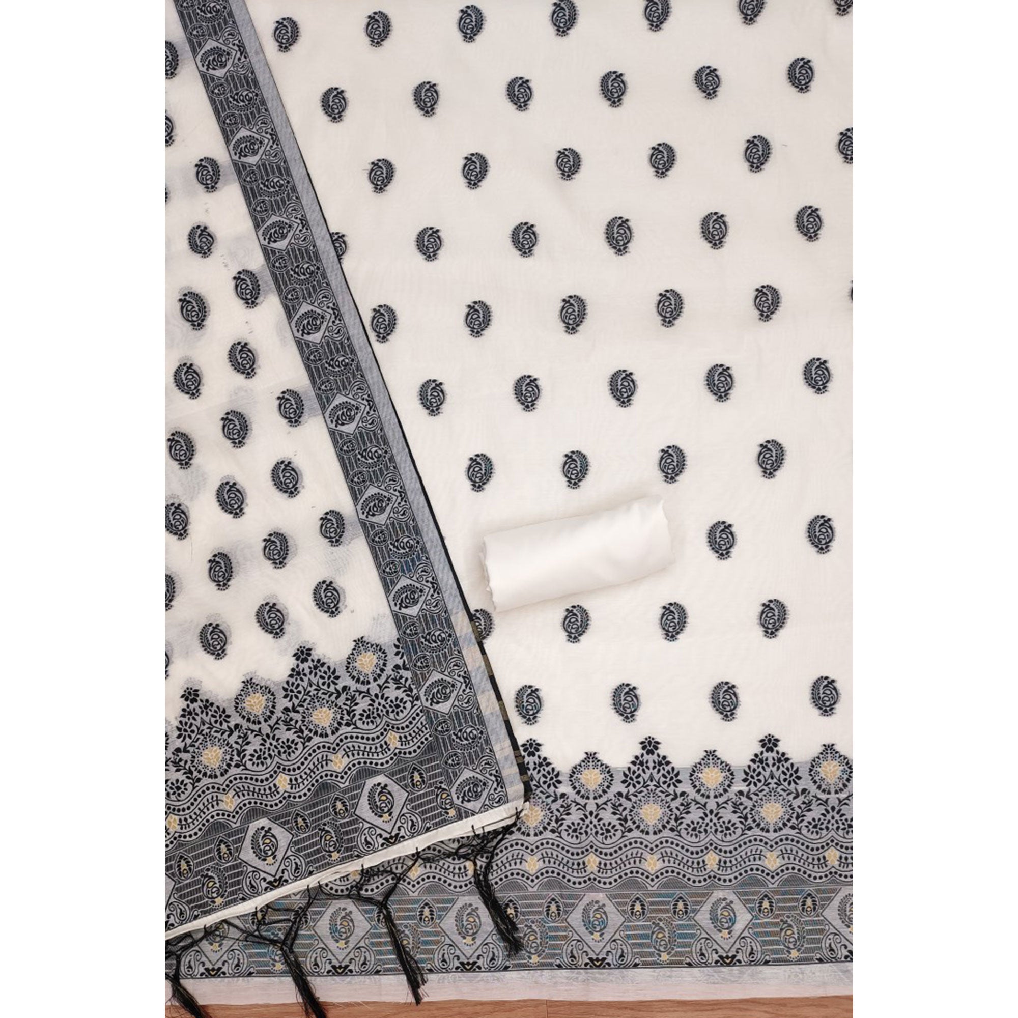 Offwhite & Black Floral Woven Chanderi Dress Material