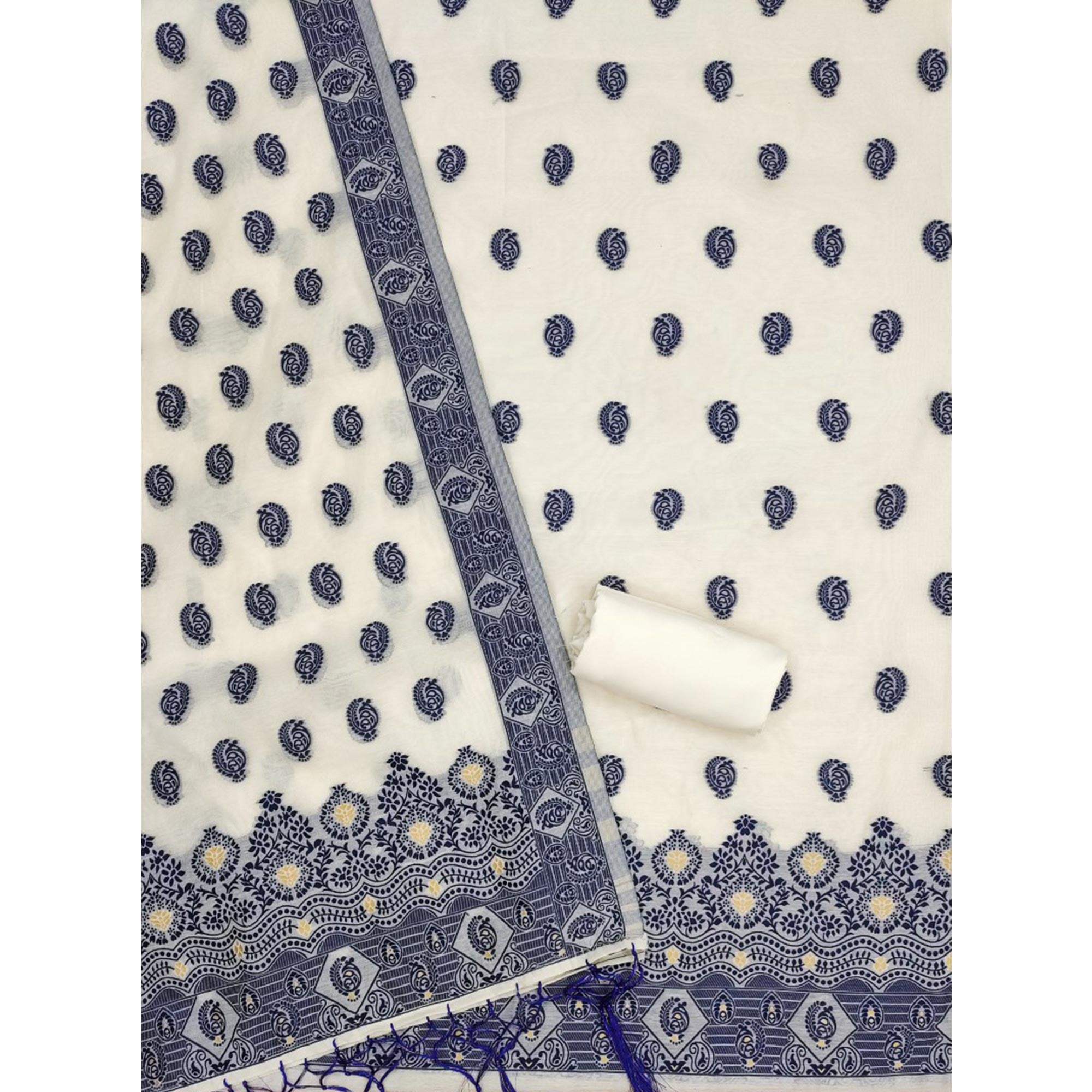 Offwhite & Navy Blue Floral Woven Chanderi Dress Material