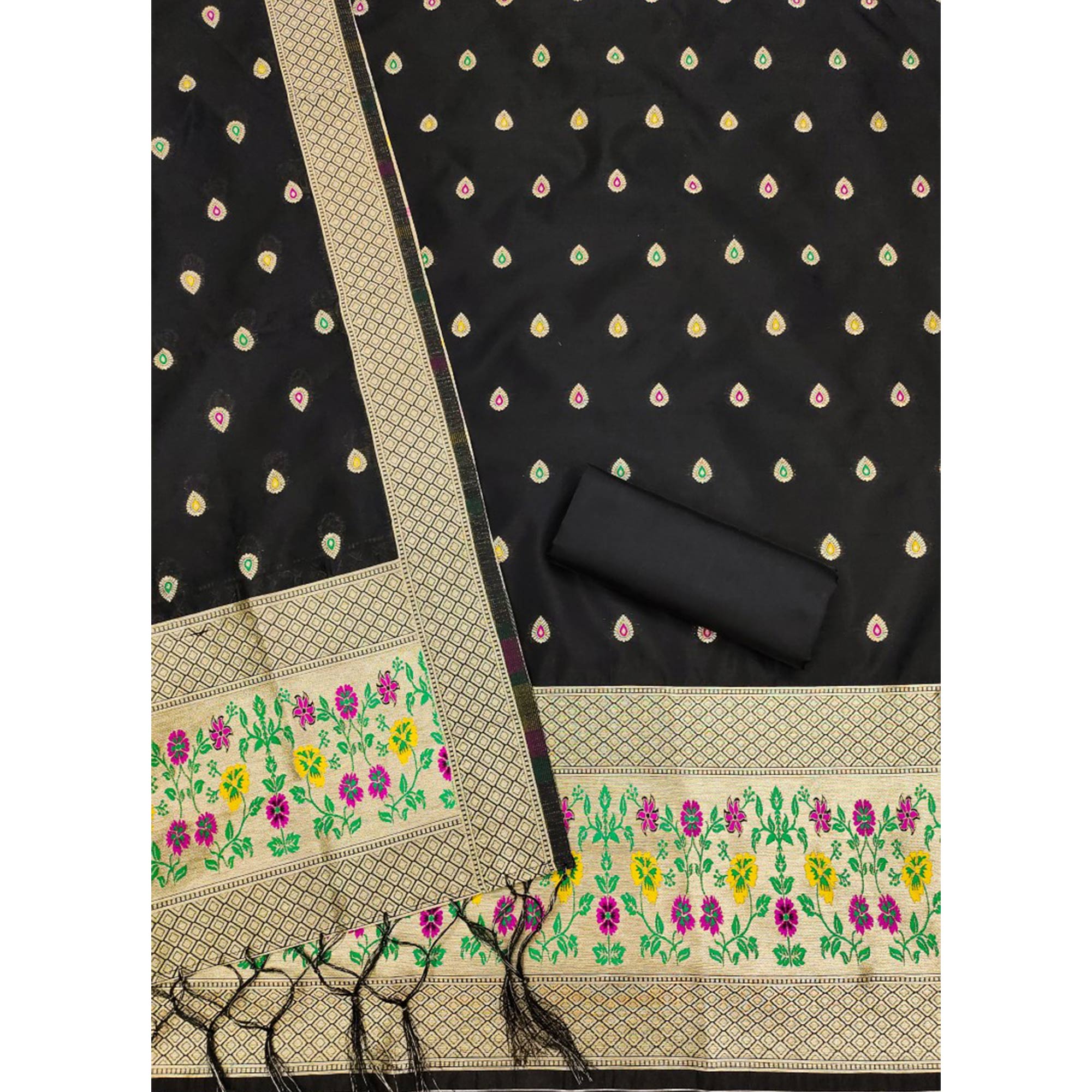 Black Floral Zari Woven Banarasi Silk Dress Material