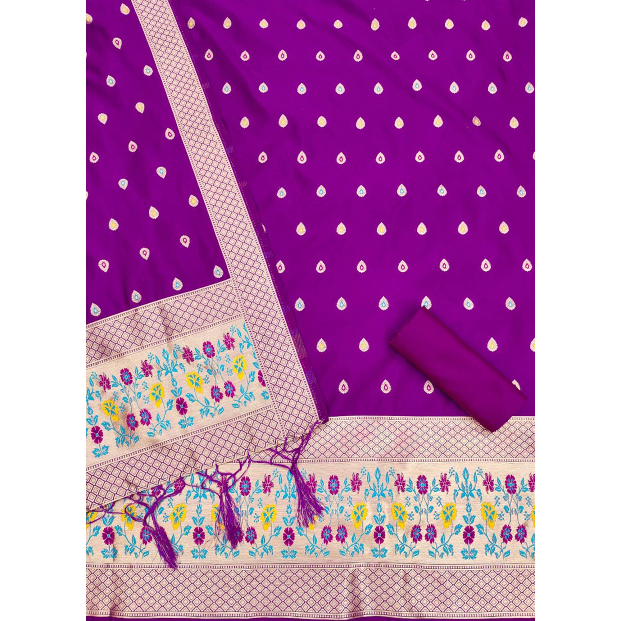 Purple Floral Zari Woven Banarasi Silk Dress Material