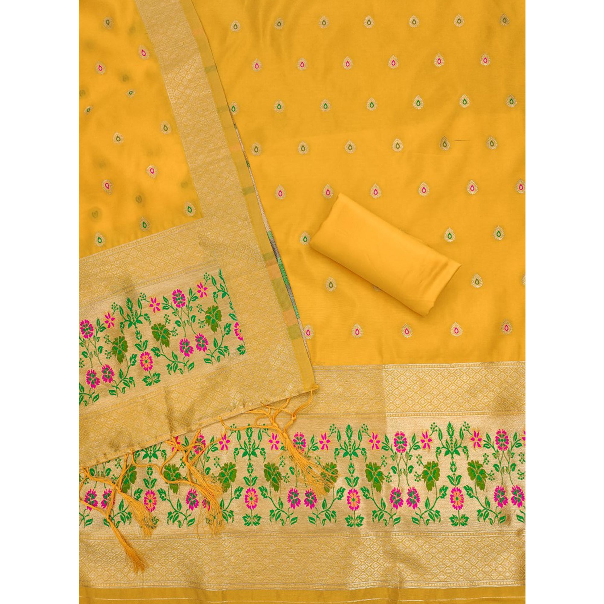Yellow Floral Zari Woven Banarasi Silk Dress Material
