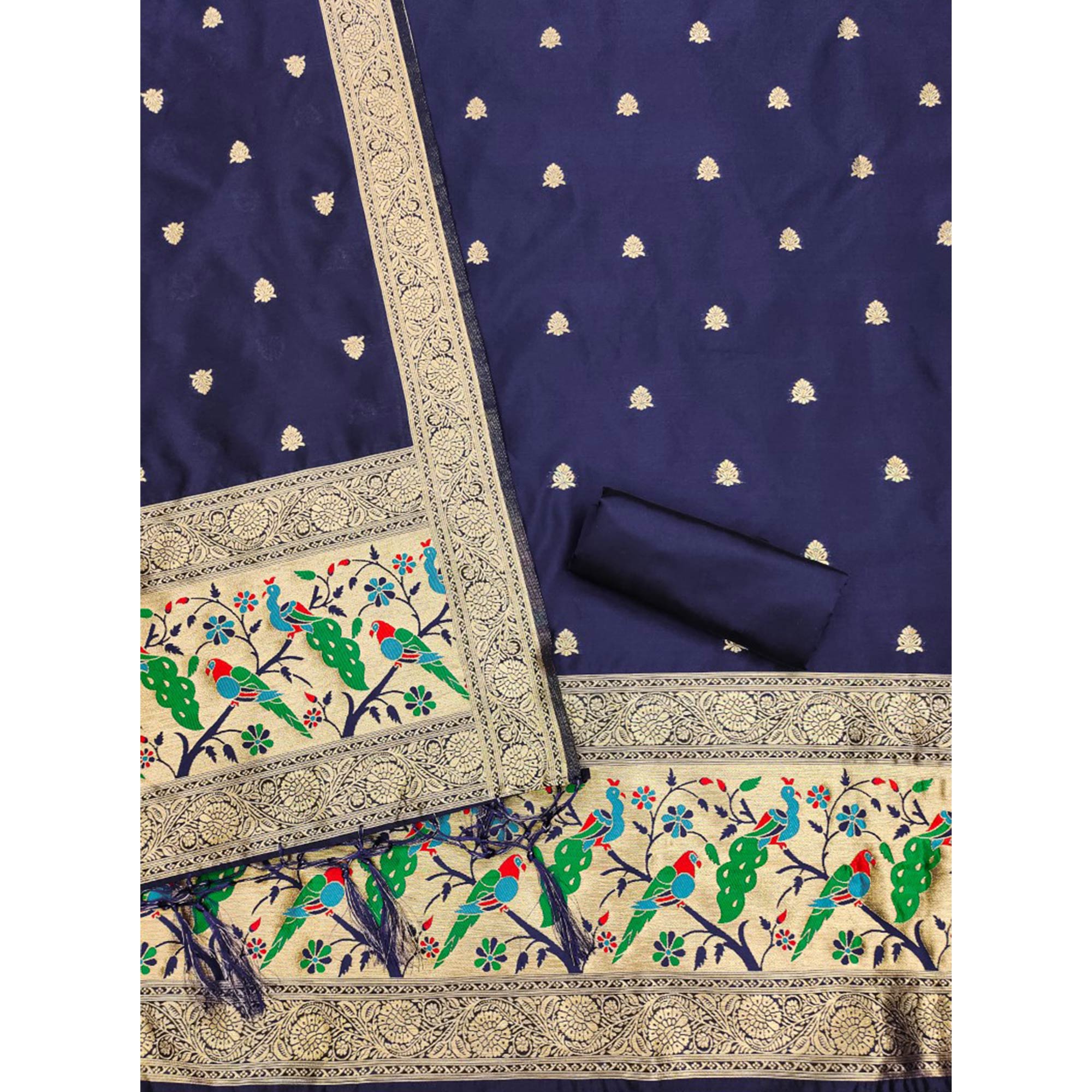 Navy Blue Floral Zari Woven Banarasi Silk Dress Material
