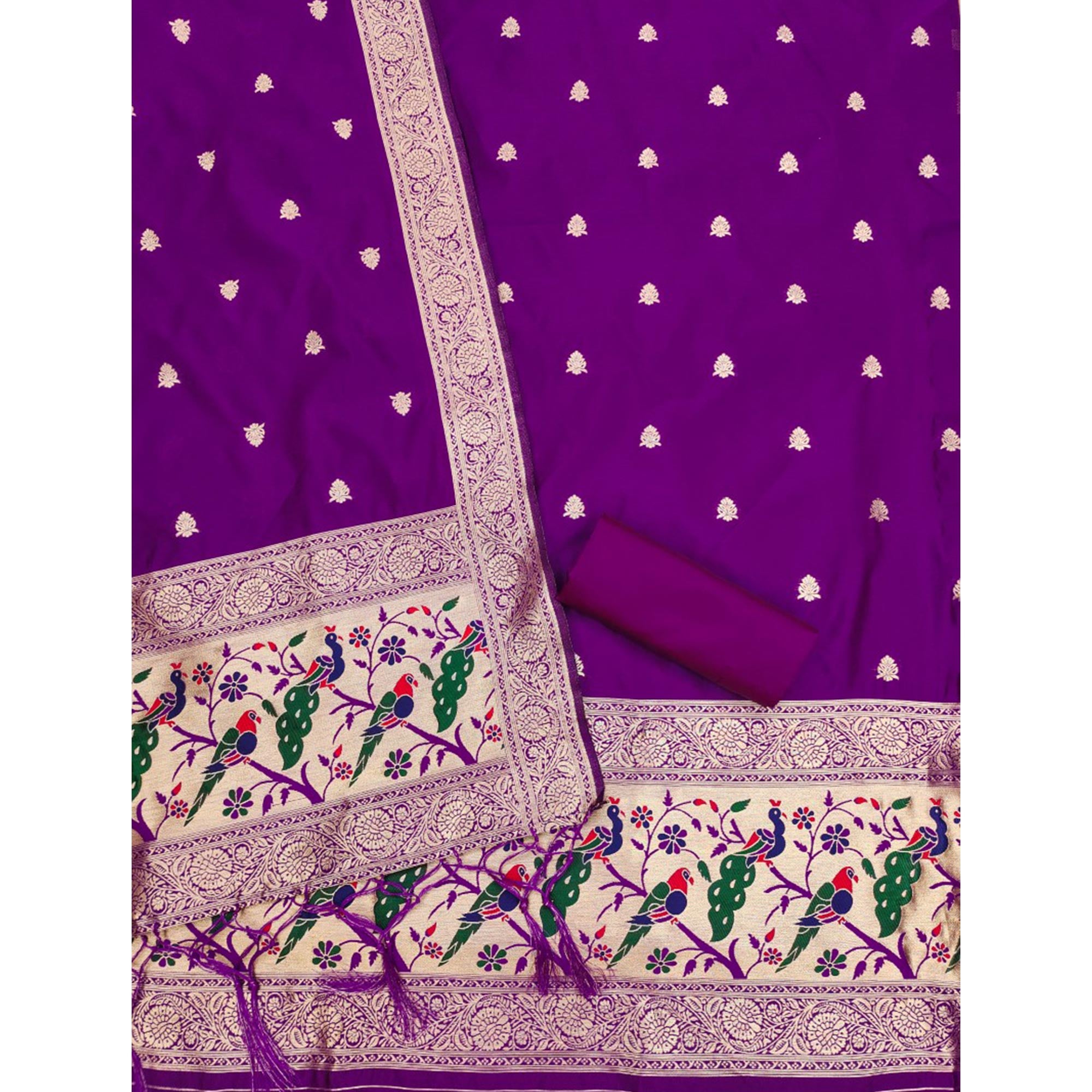 Purple Floral Zari Woven Banarasi Silk Dress Material