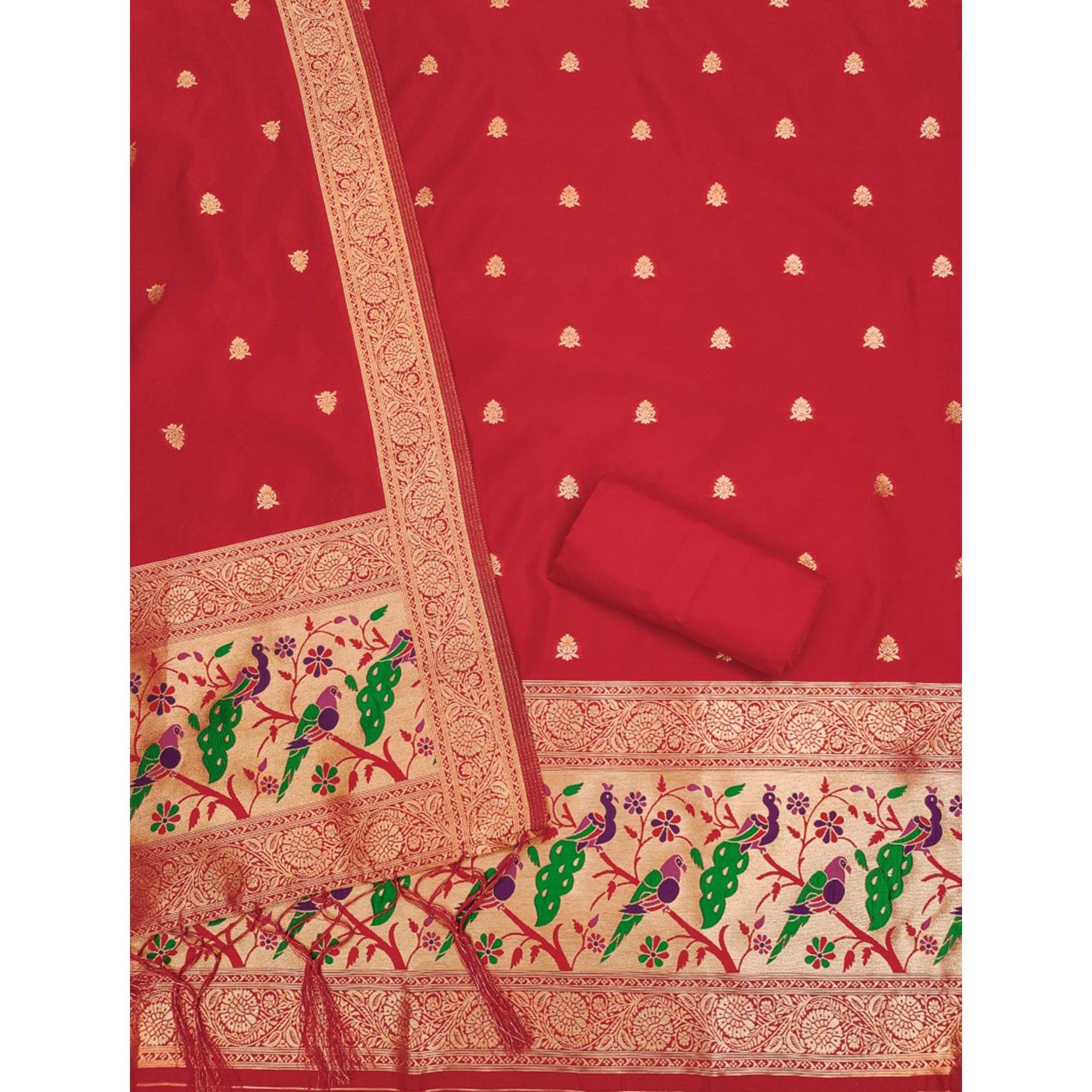 Red Floral Zari Woven Banarasi Silk Dress Material