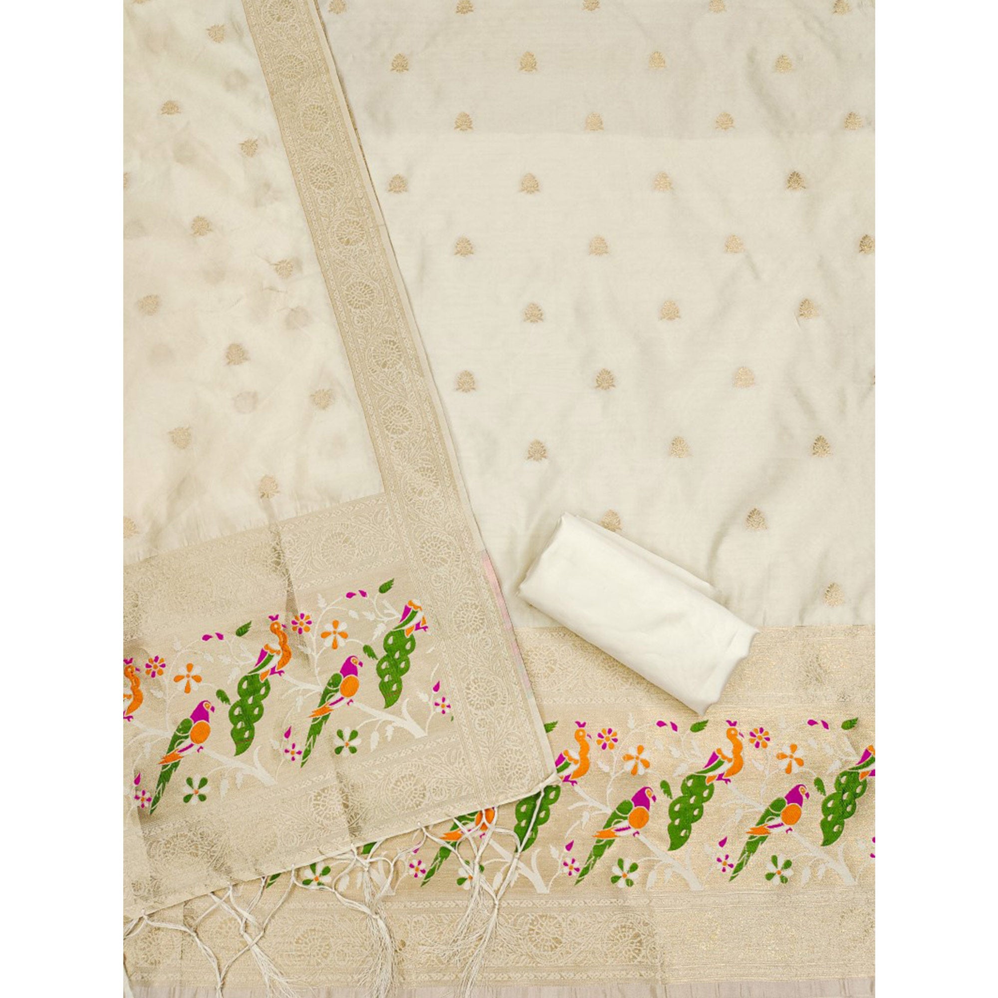 White Floral Zari Woven Banarasi Silk Dress Material