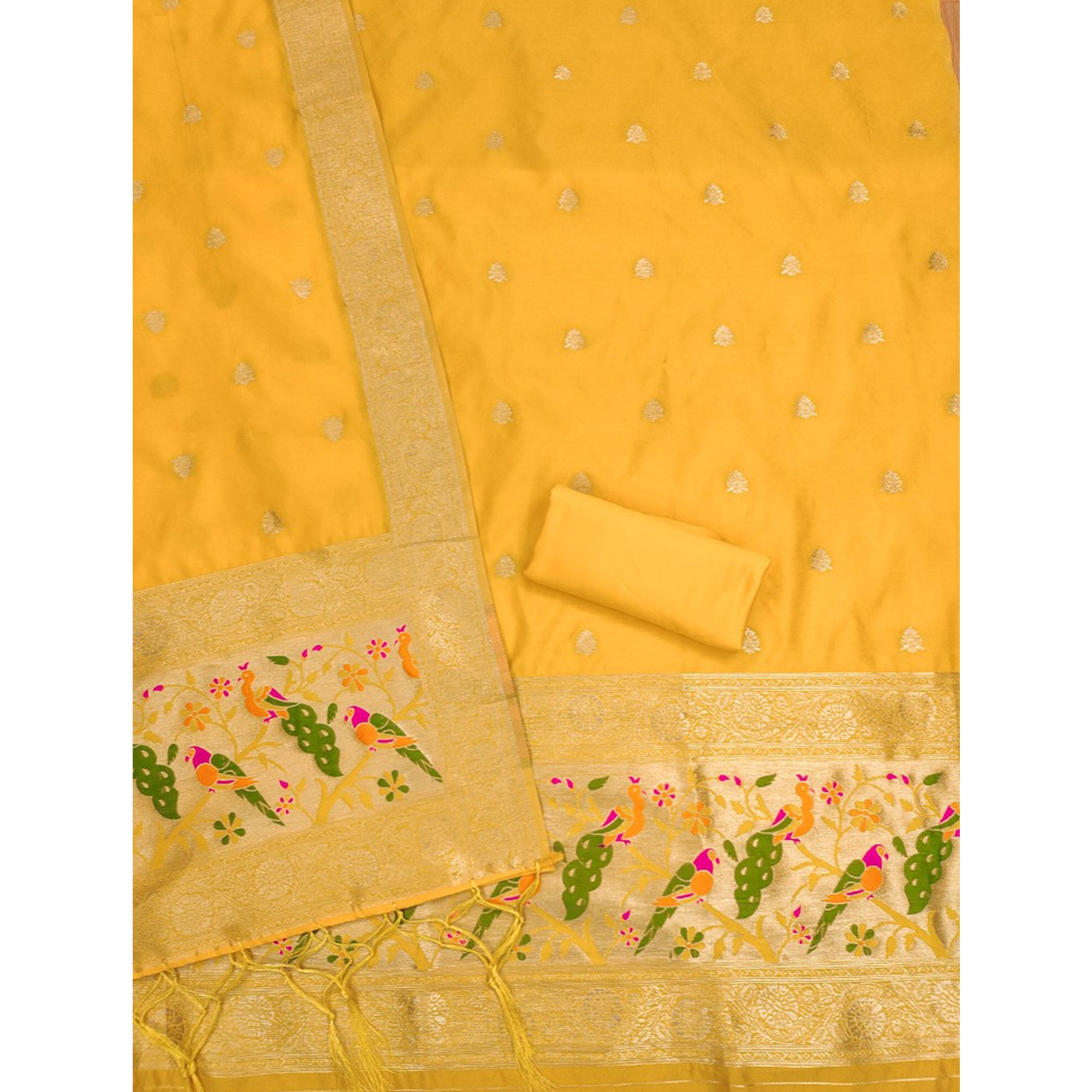Yellow Floral Zari Woven Banarasi Silk Dress Material