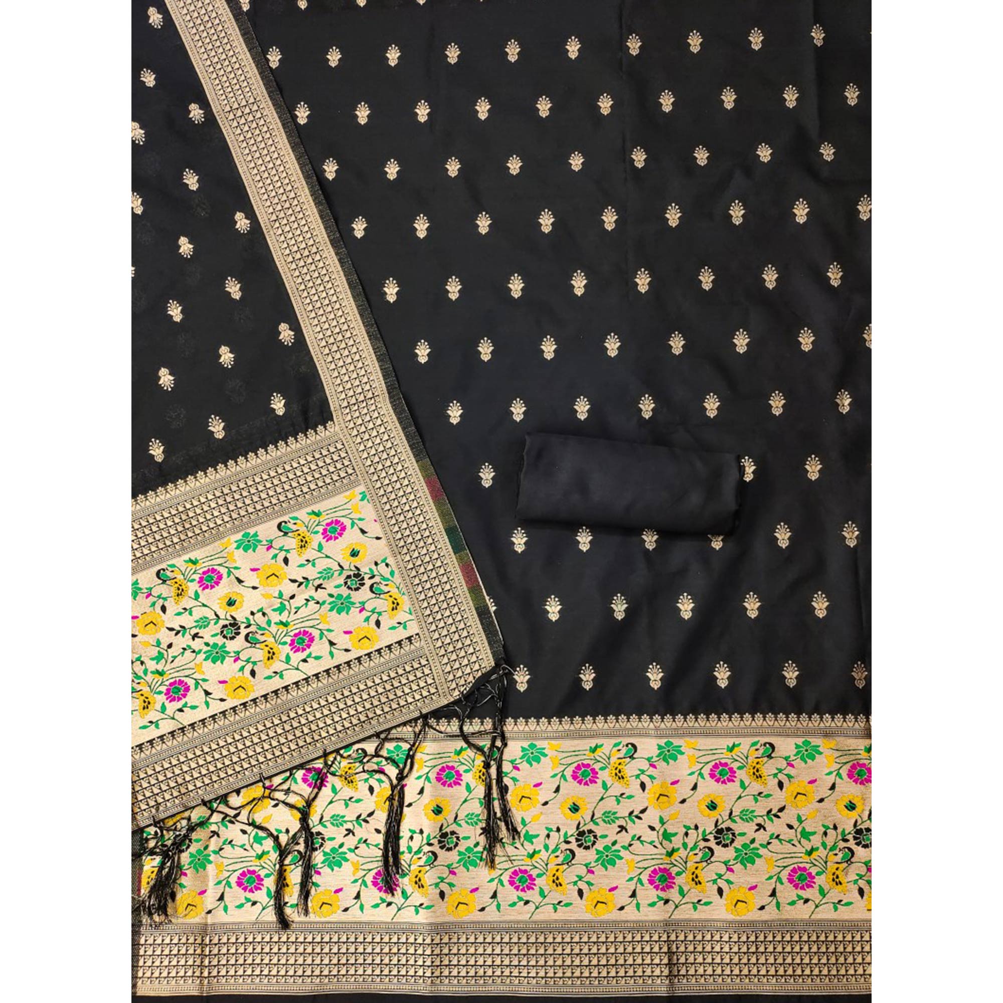 Black Floral Zari Woven Banarasi Silk Dress Material