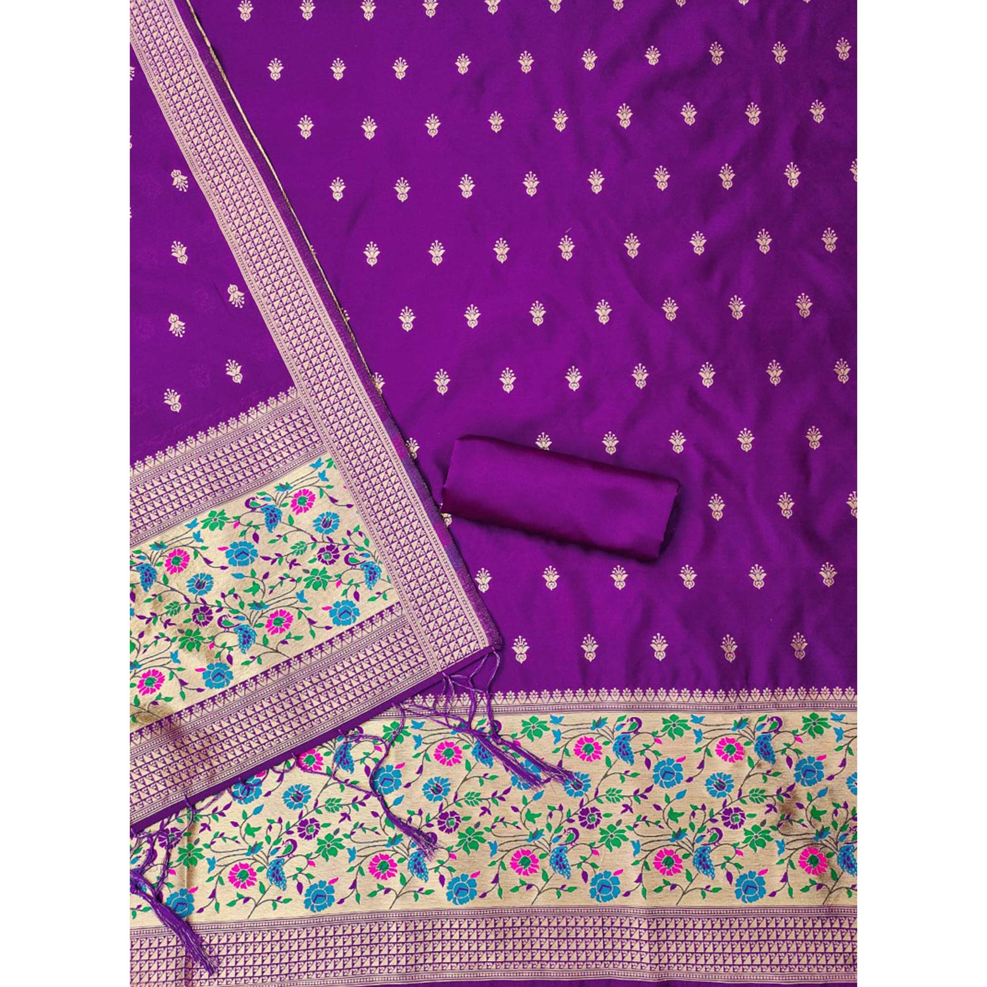 Purple Floral Zari Woven Banarasi Silk Dress Material