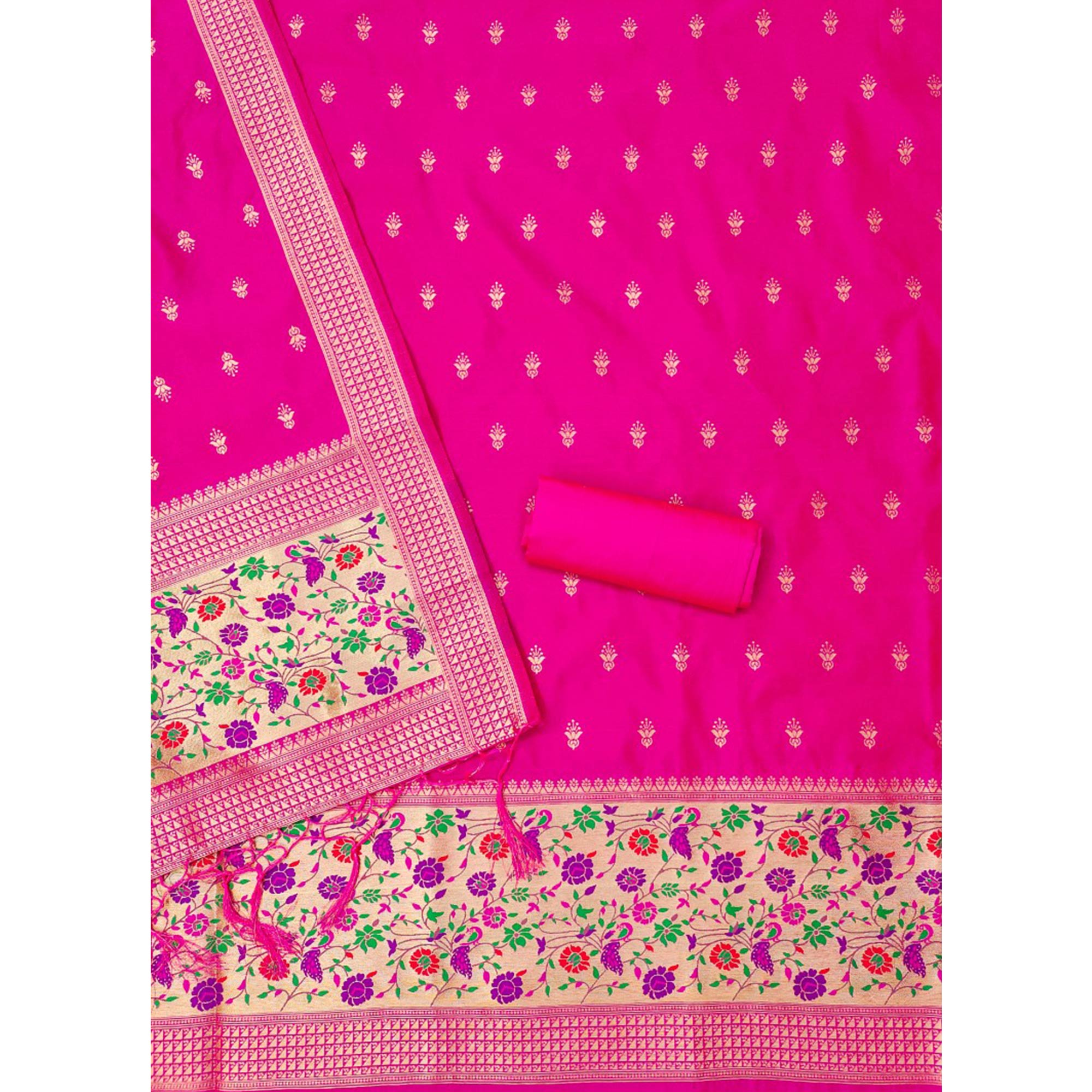 Rani Pink Floral Zari Woven Banarasi Silk Dress Material