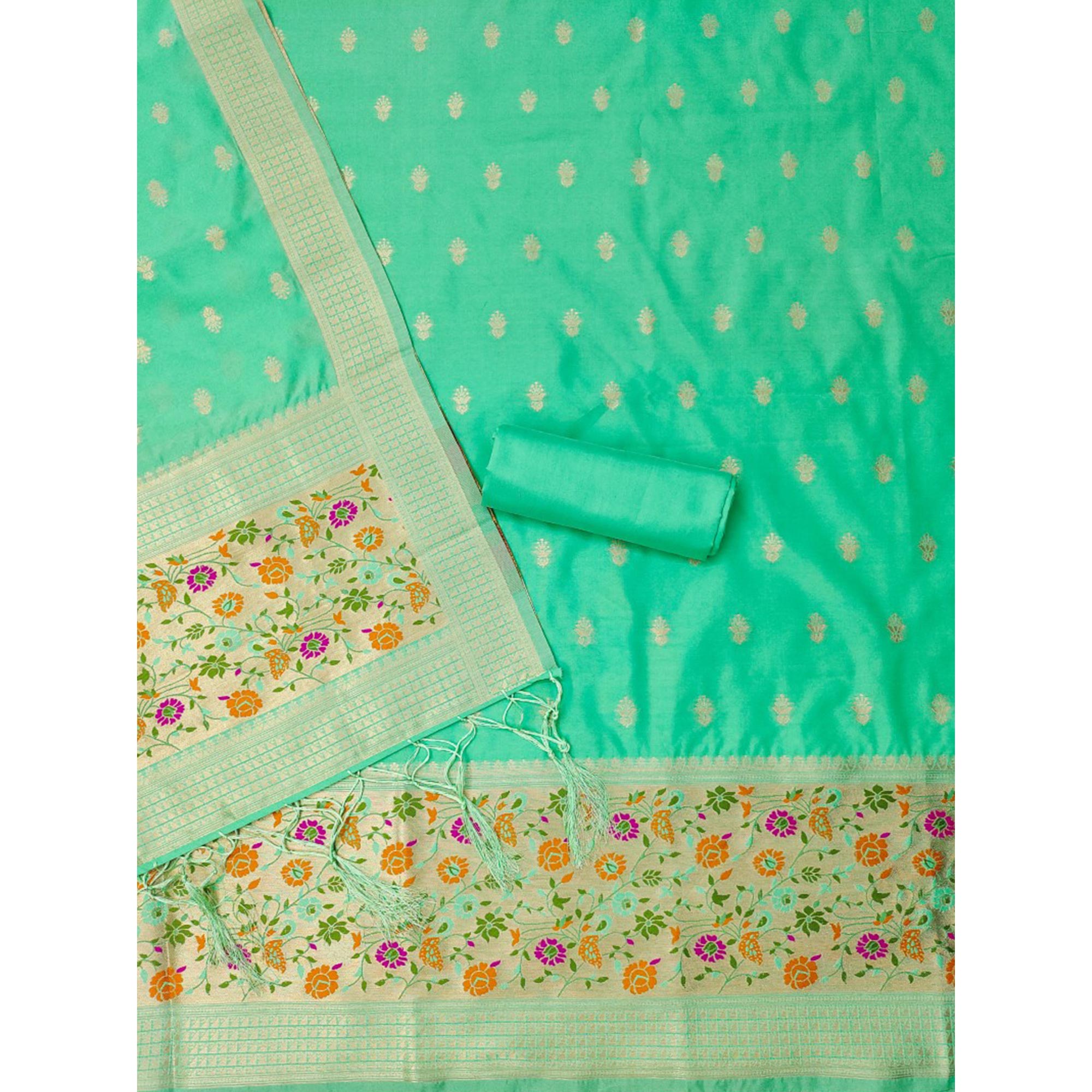 Sea Green Floral Zari Woven Banarasi Silk Dress Material