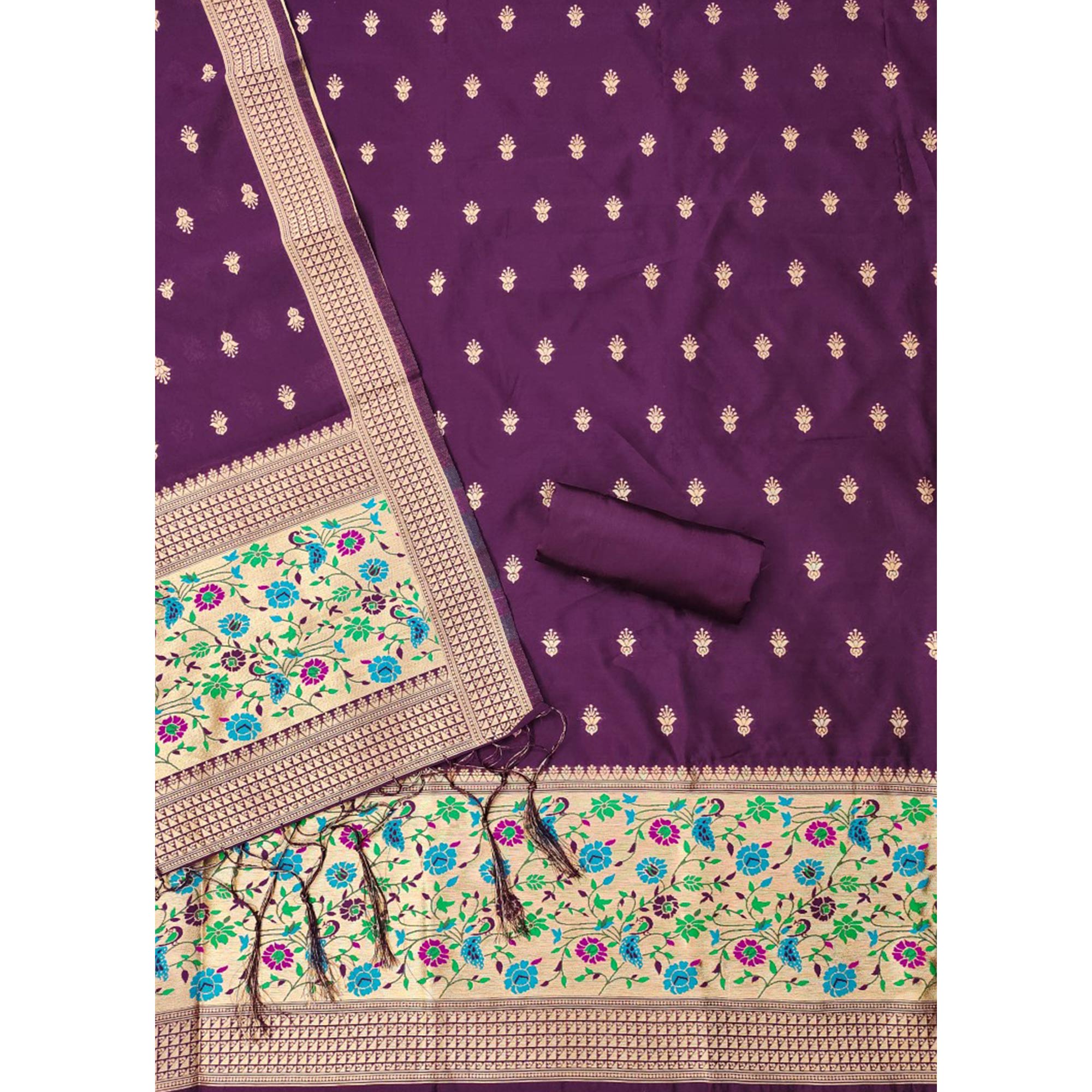 Wine Floral Zari Woven Banarasi Silk Dress Material