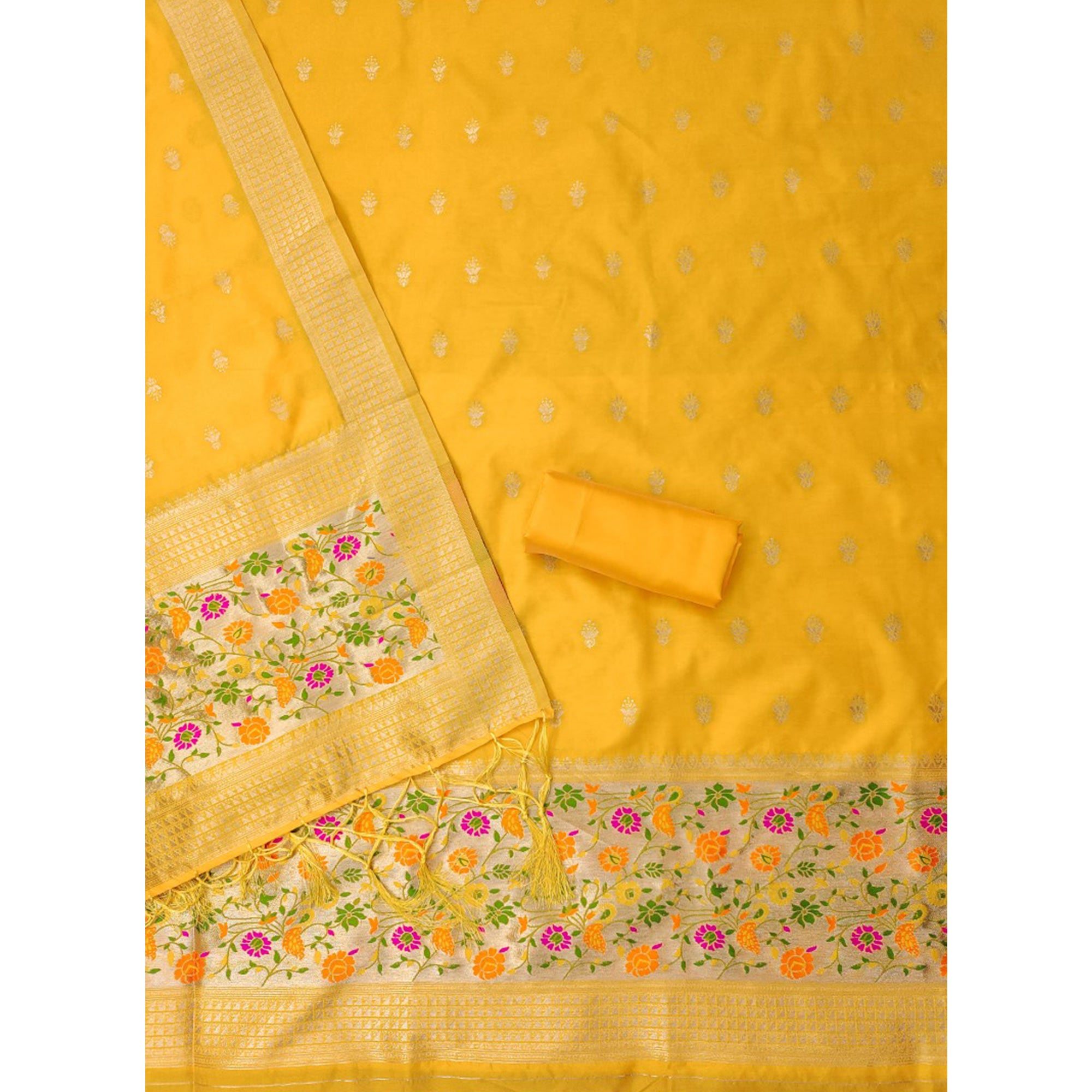 Yellow Floral Zari Woven Banarasi Silk Dress Material