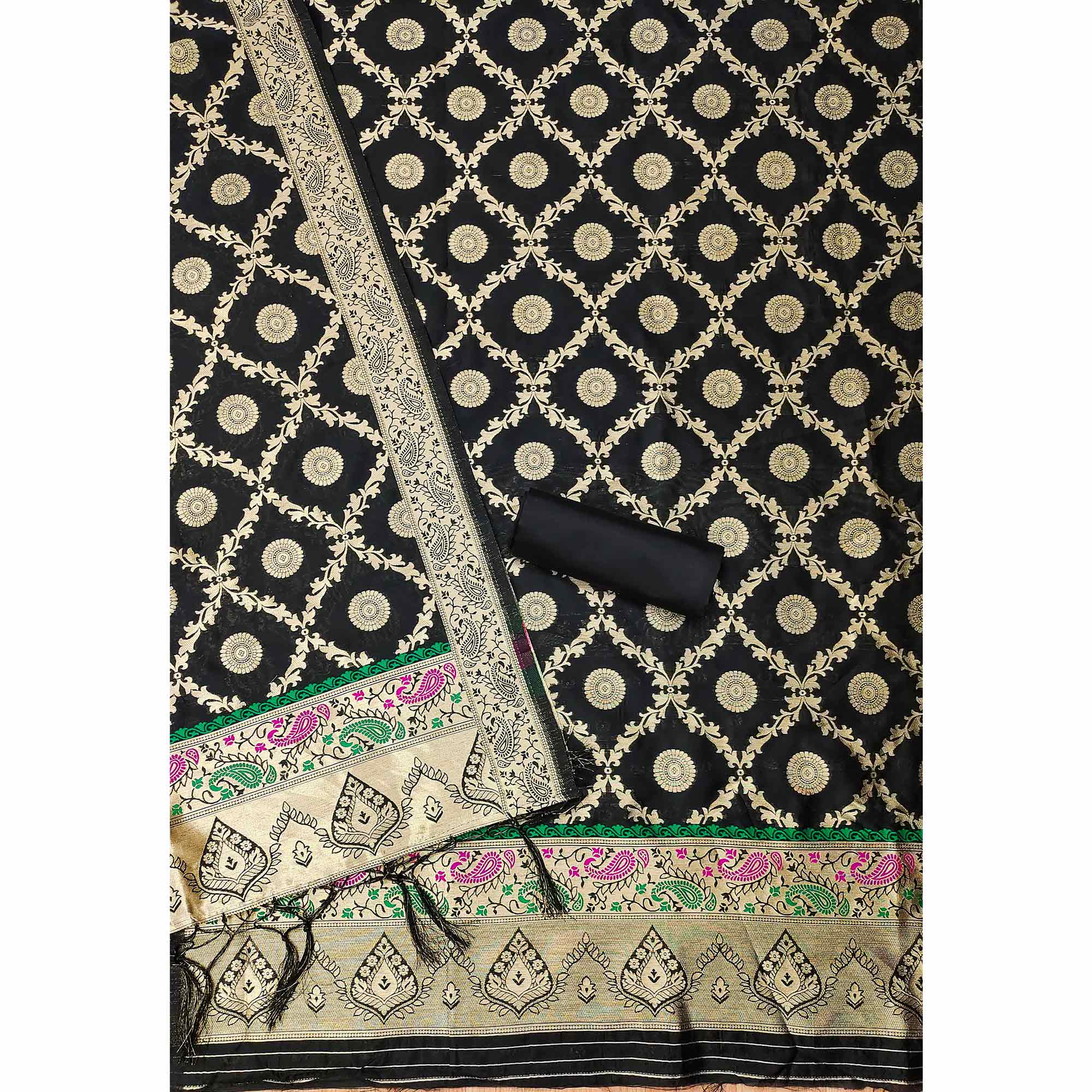 Black Zari Woven Banarasi Silk Dress Material With Elegant Floral Motifs