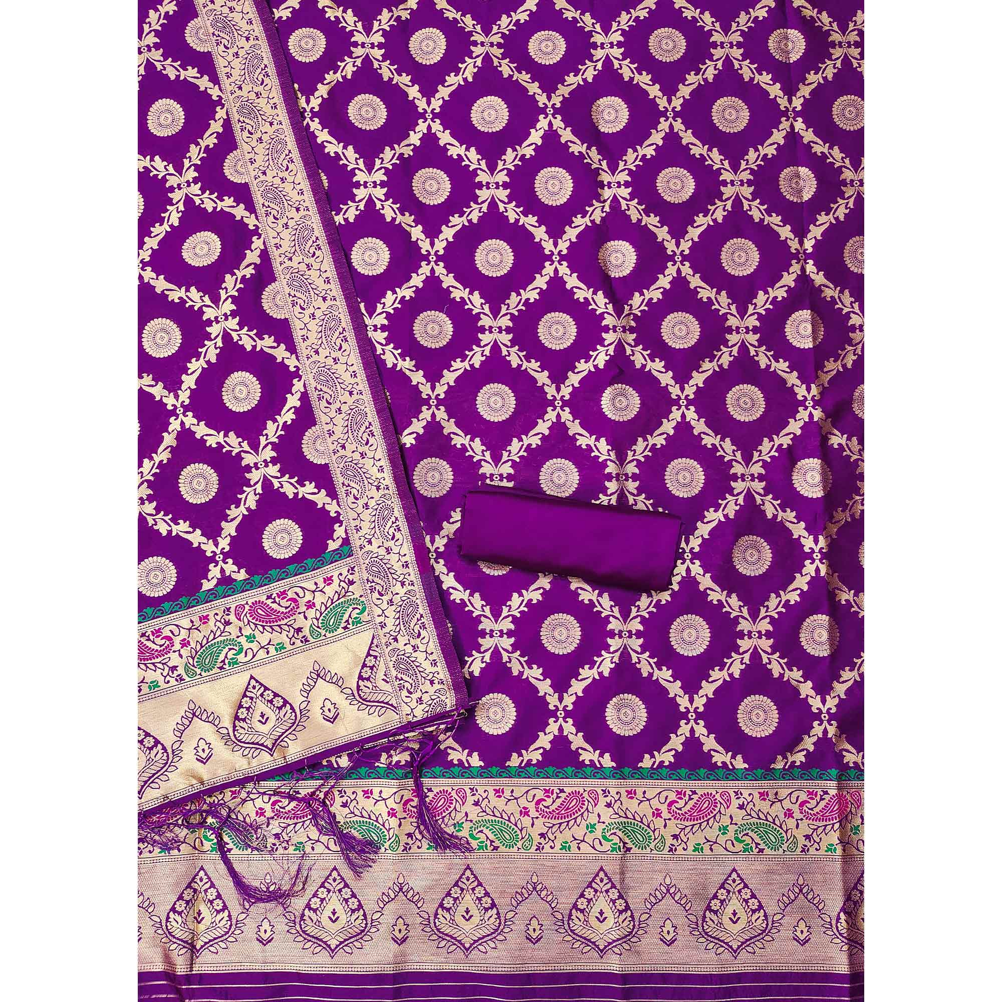 Purple Zari Woven Banarasi Silk Dress Material With Elegant Floral Motifs