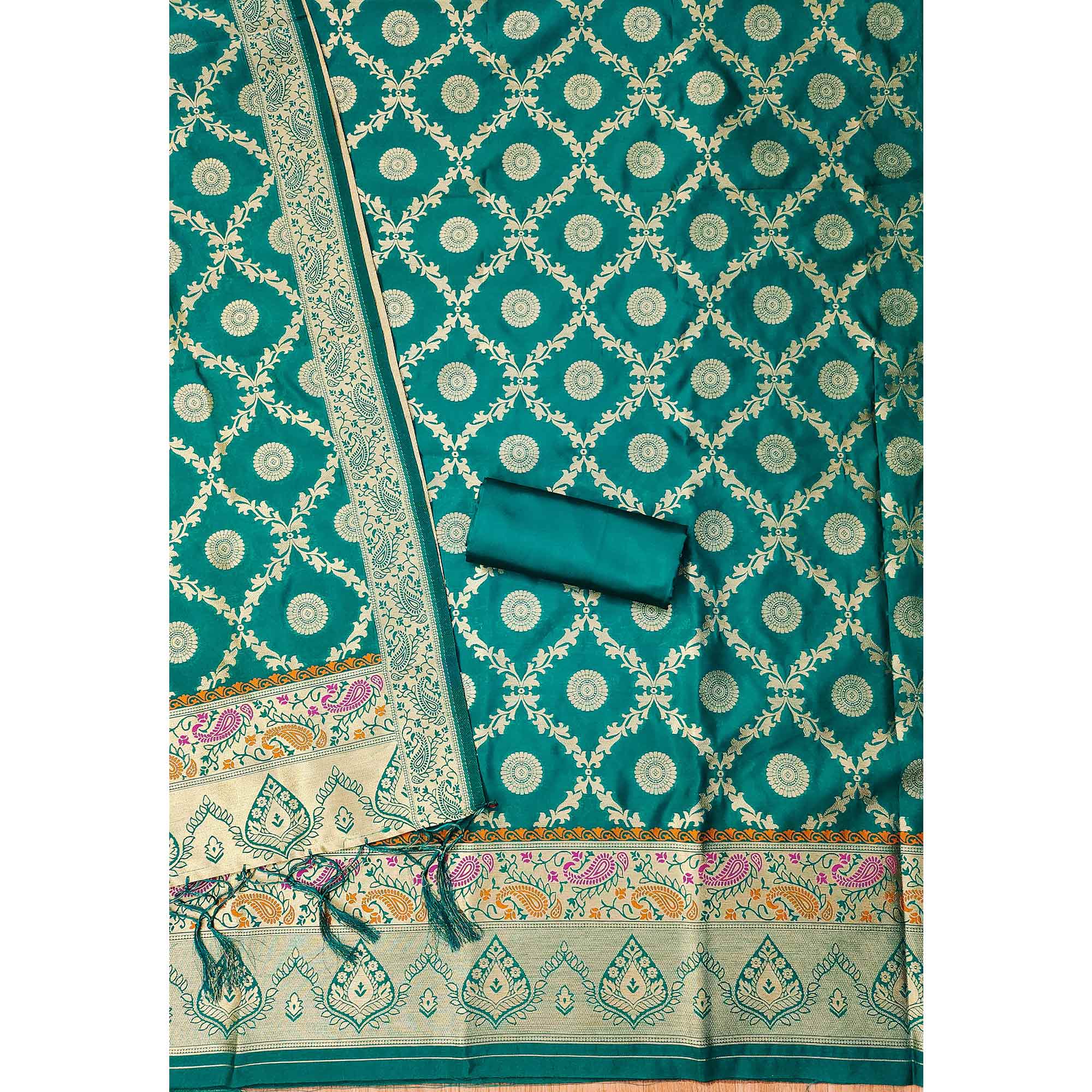 Rama Green Zari Woven Banarasi Silk Dress Material With Elegant Floral Motifs