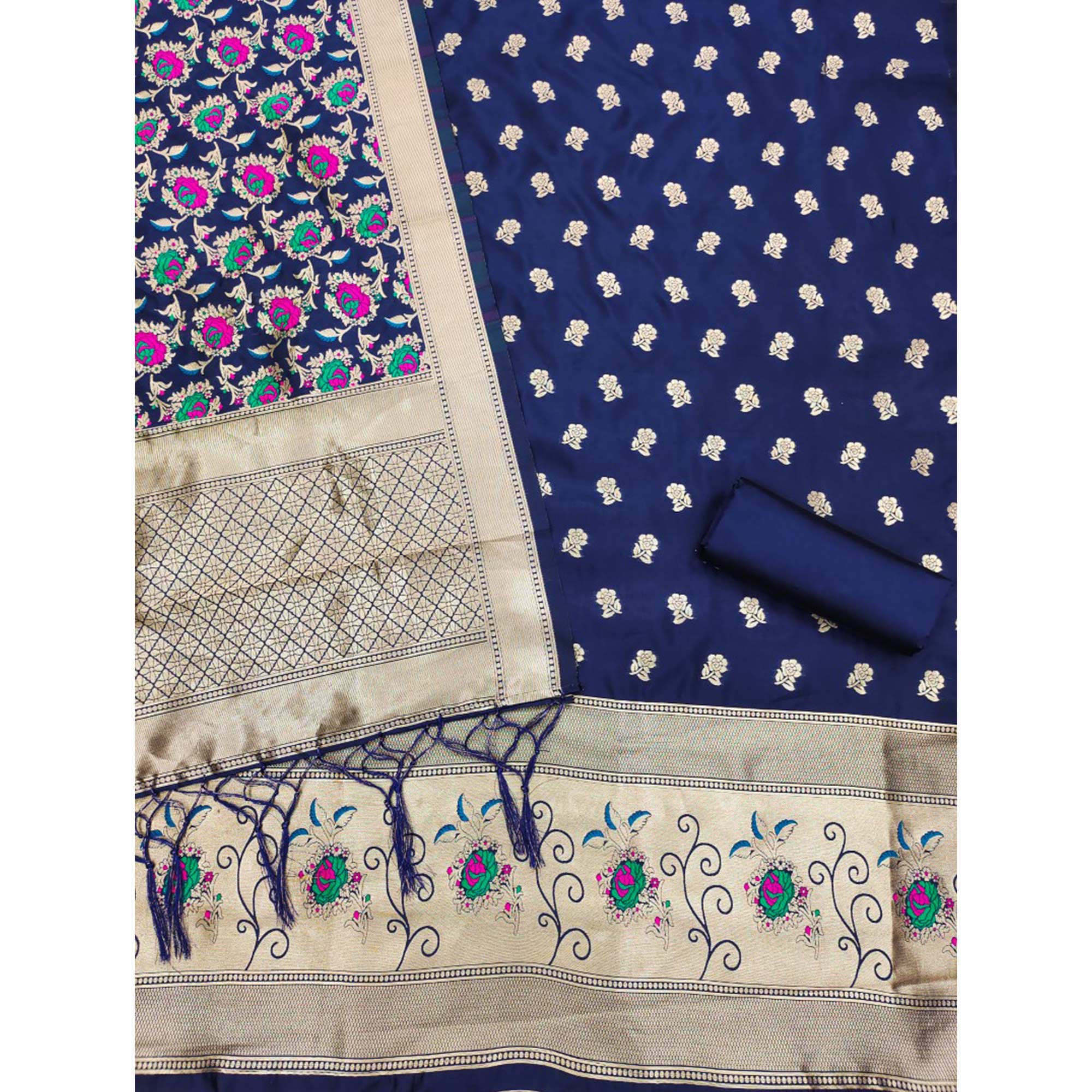 Navy Blue Floral Woven Banarasi Silk Dress Material