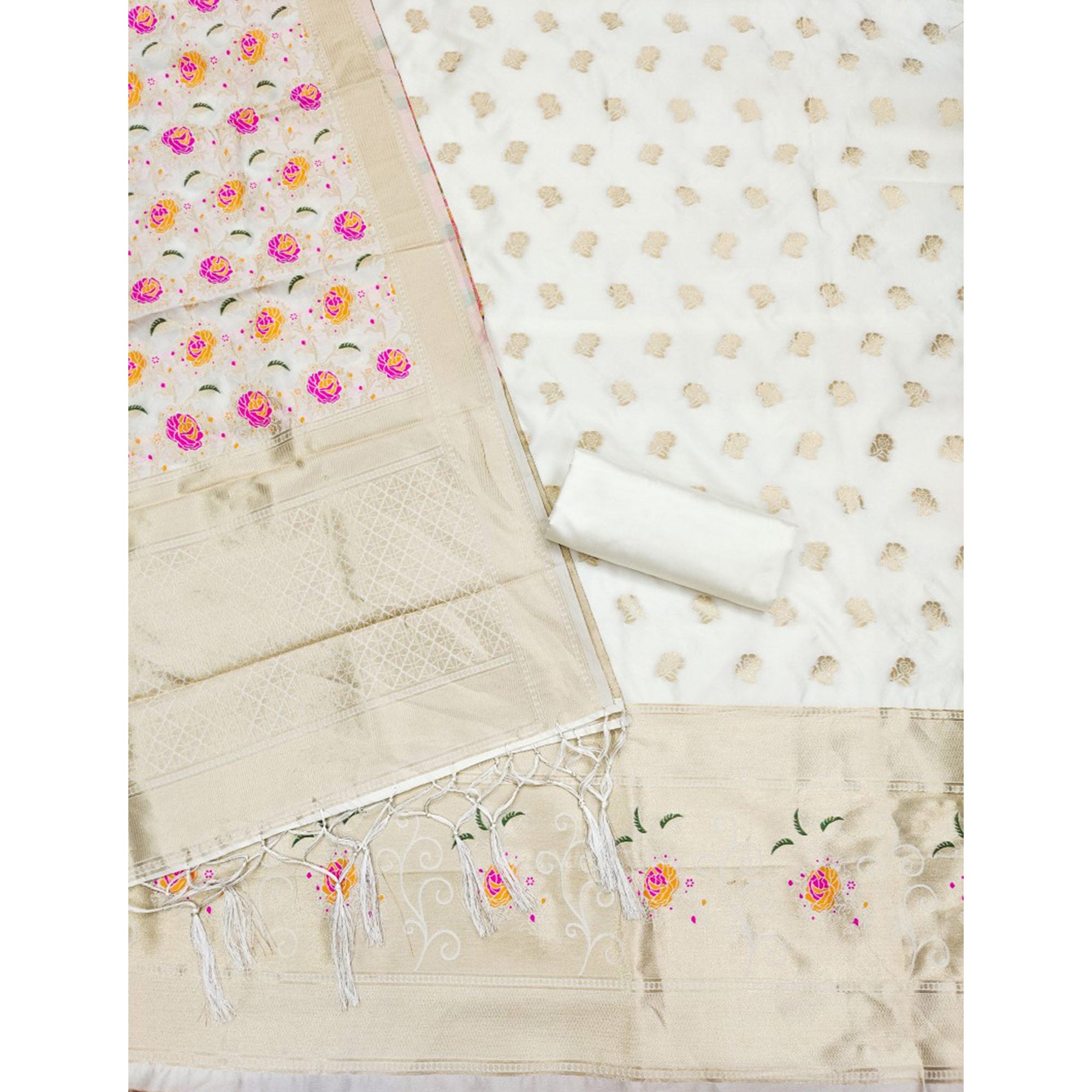 Off white Floral Woven Banarasi Silk Dress Material