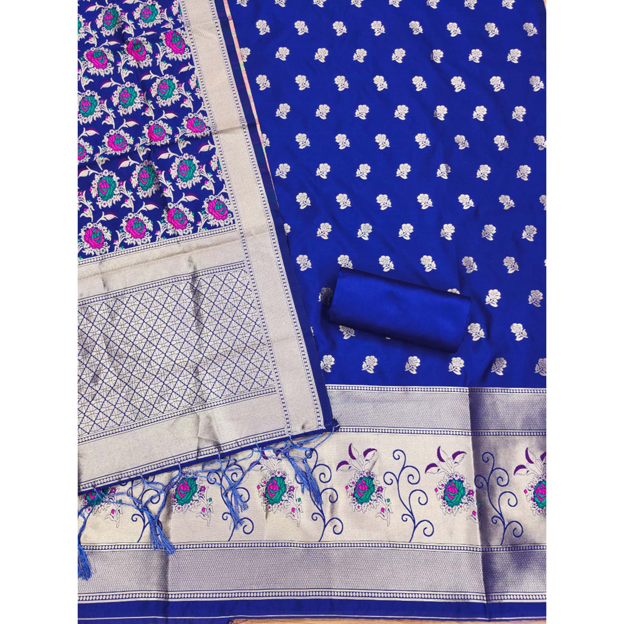 Royal Blue Floral Woven Banarasi Silk Dress Material