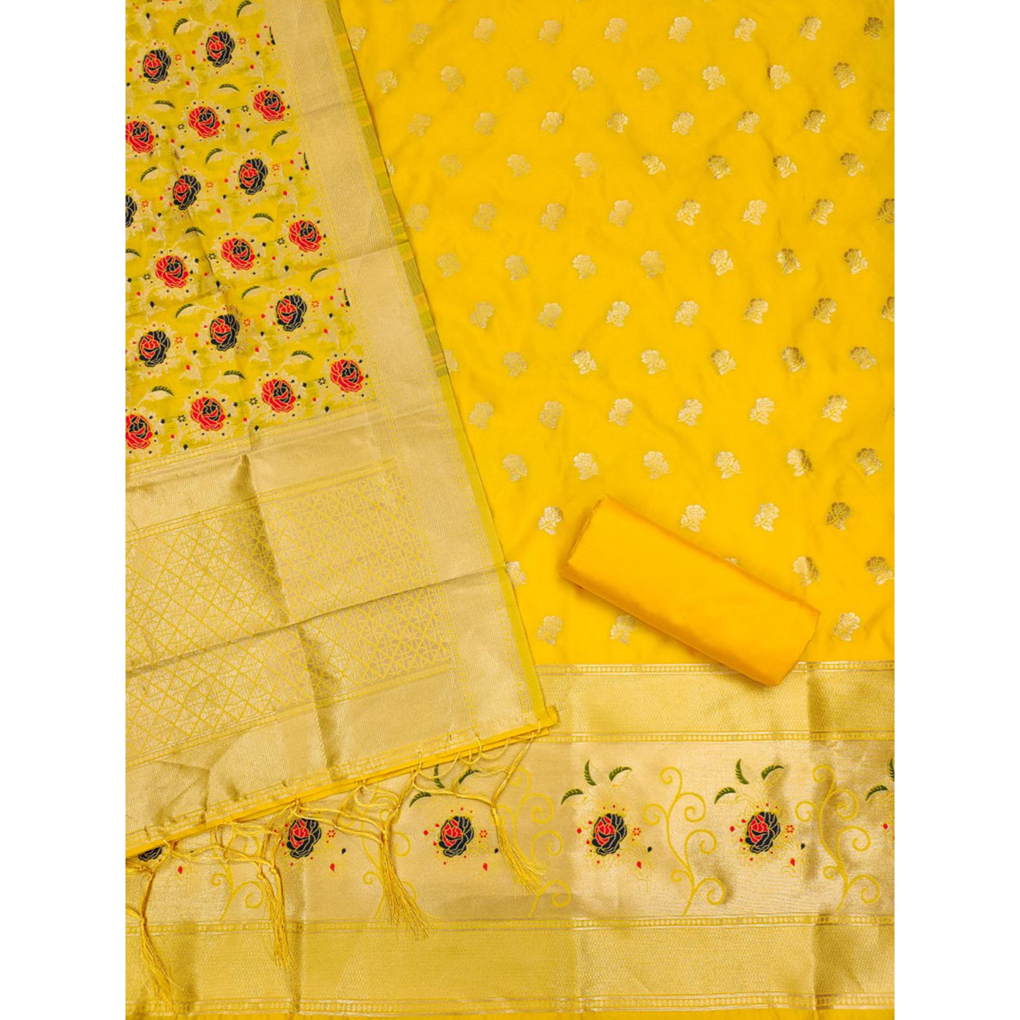 Yellow Floral Woven Banarasi Silk Dress Material