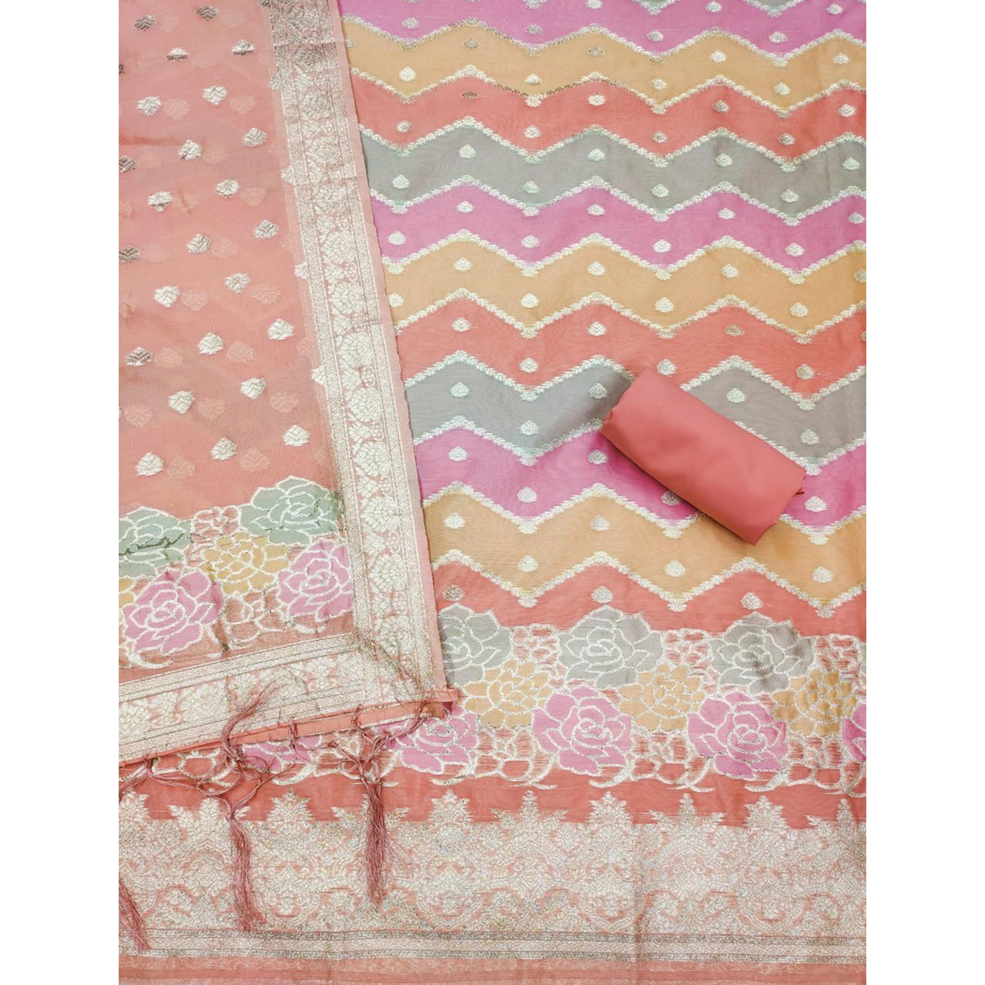 Peach Floral Woven Organza Dress Material