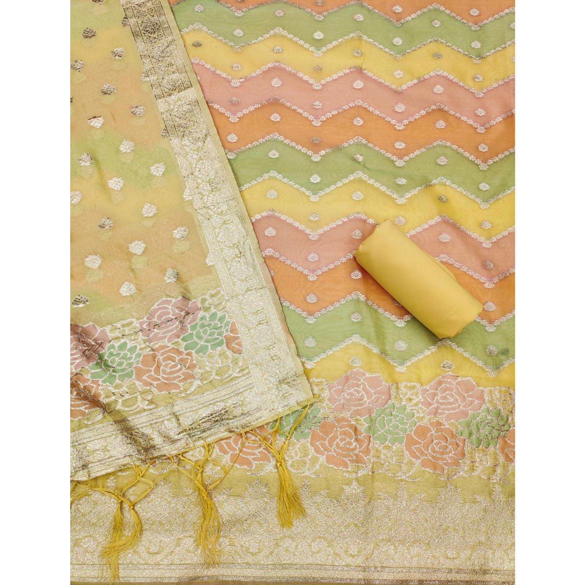 Yellow Floral Woven Organza Dress Material