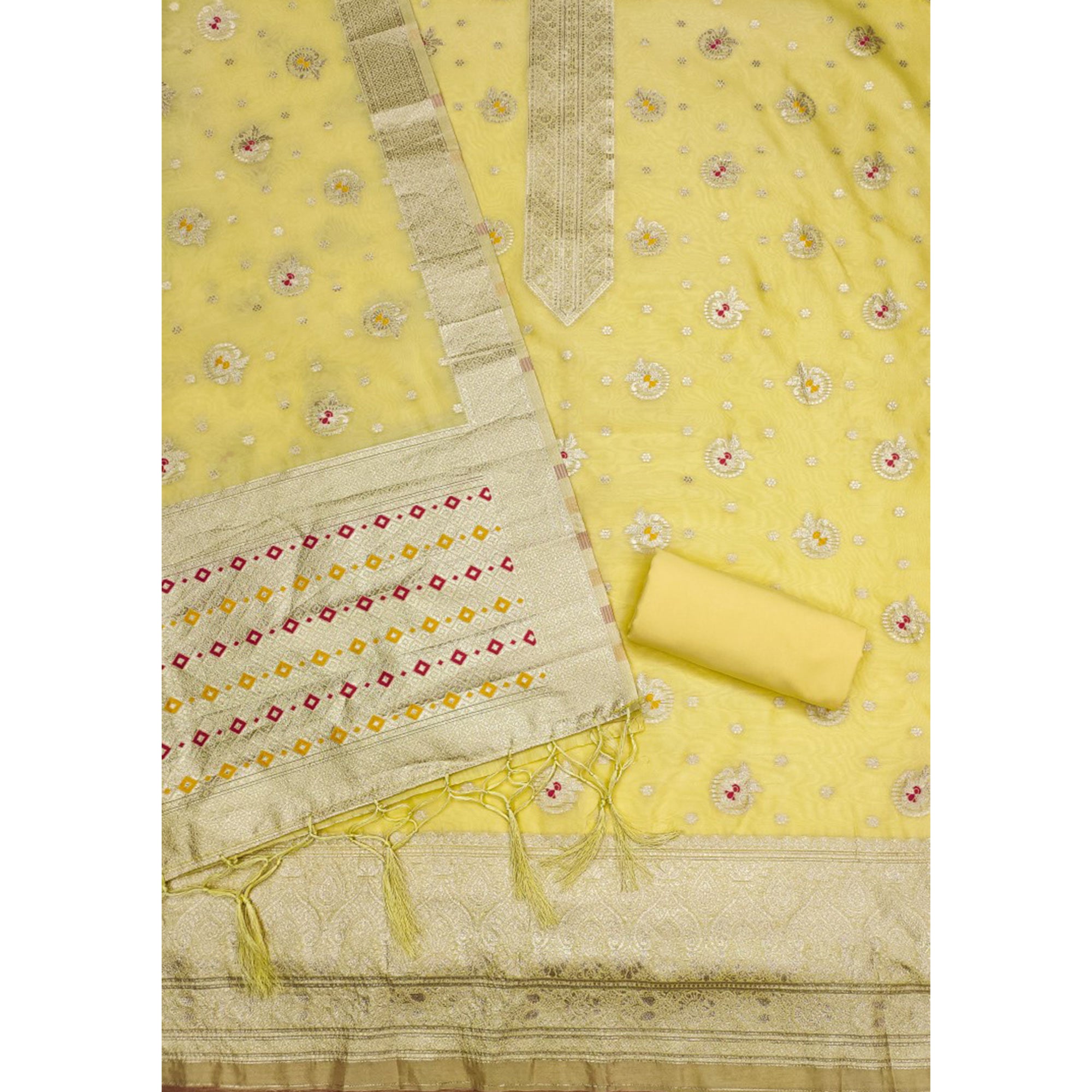 Yellow Floral Woven Organza Dress Material