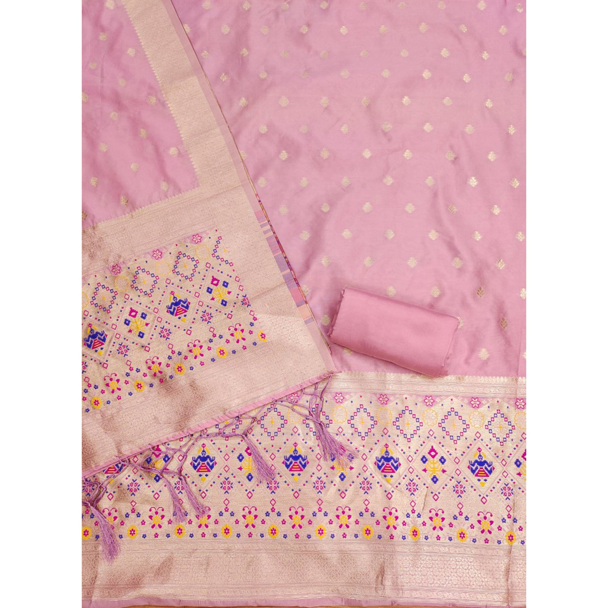 Baby Pink Zari Weaving Soft Banarasi Silk Dress Material