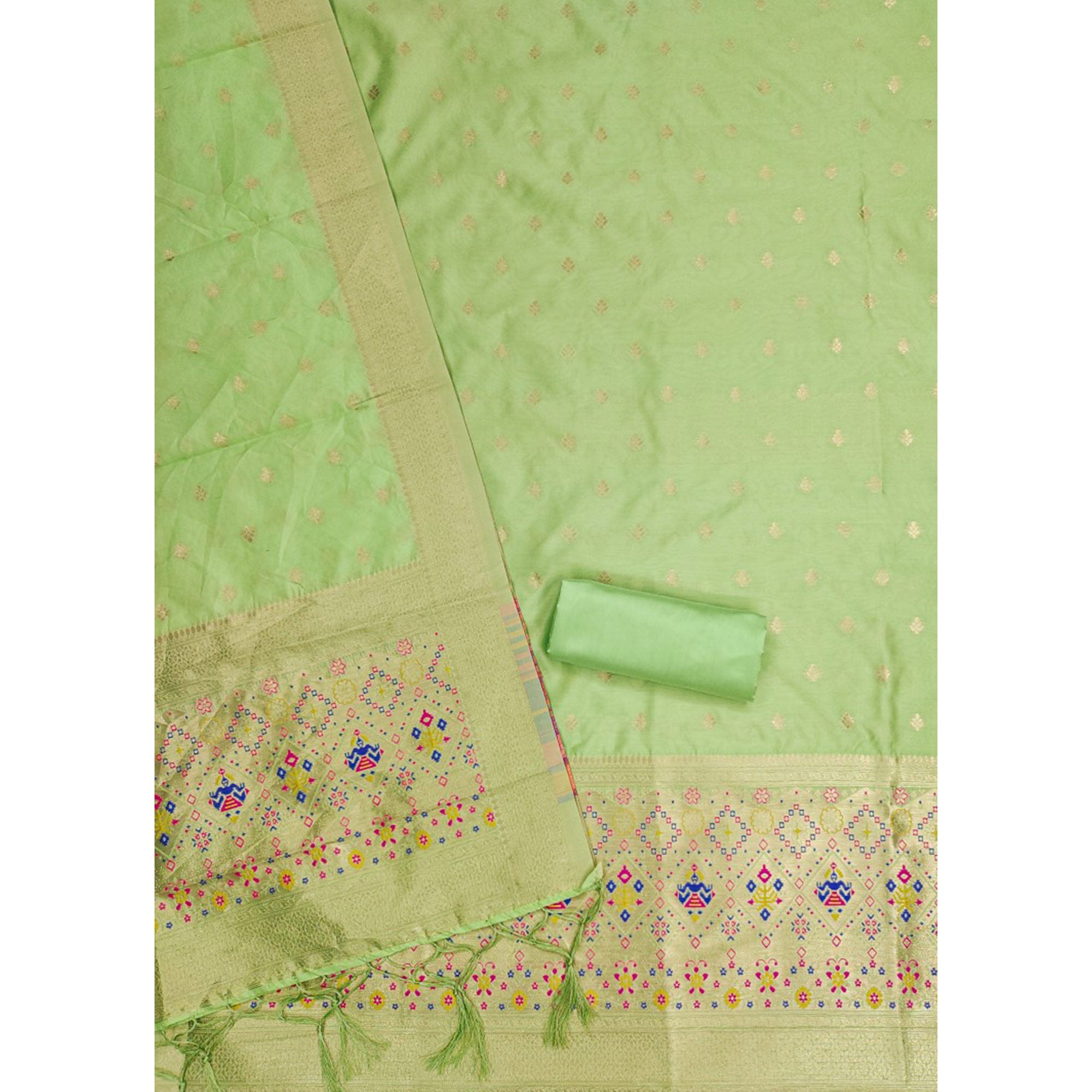 Green Zari Weaving Soft Banarasi Silk Dress Material