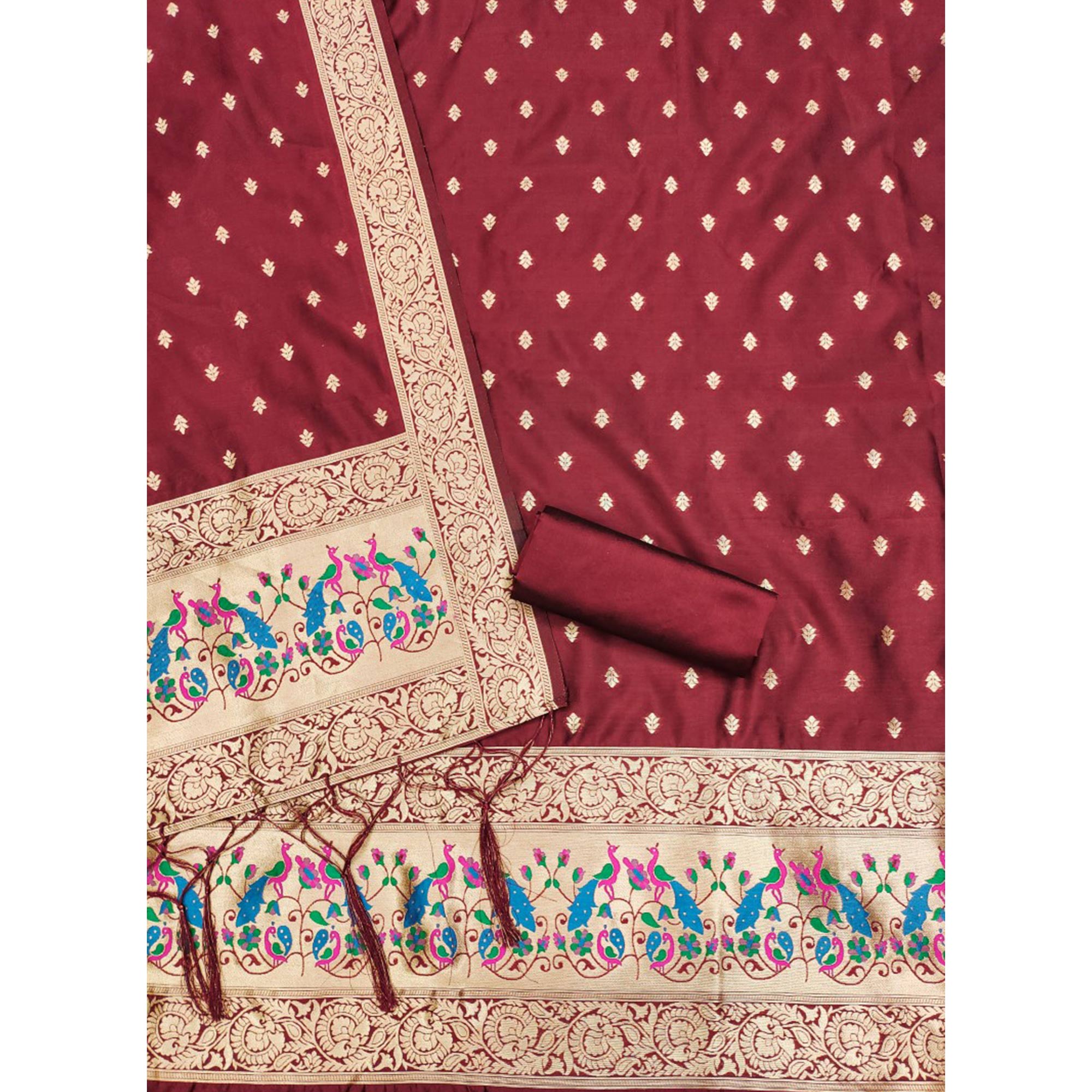 Maroon Floral Woven Banarasi Silk Dress Material